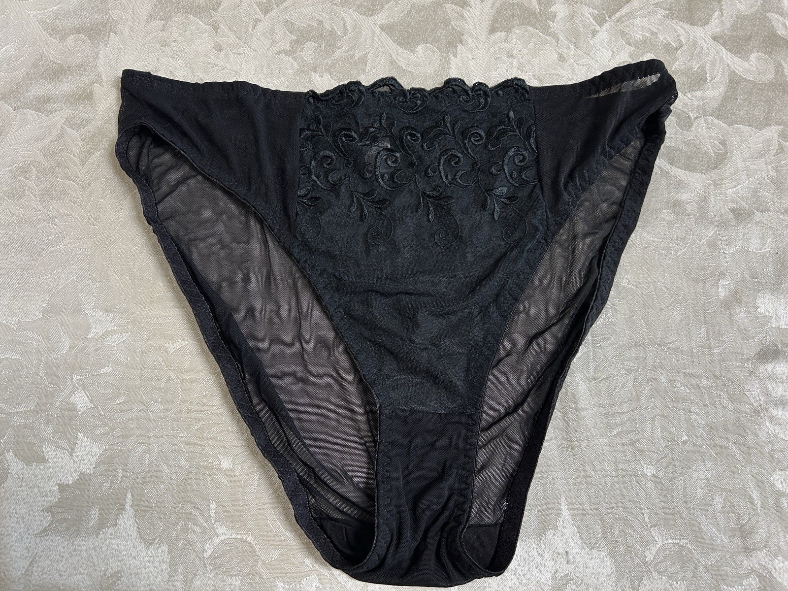 Vtg DONNA LOREN 2698X Embroidered Sheer Mesh Hi-Cut Sz 10 Black Panties #216