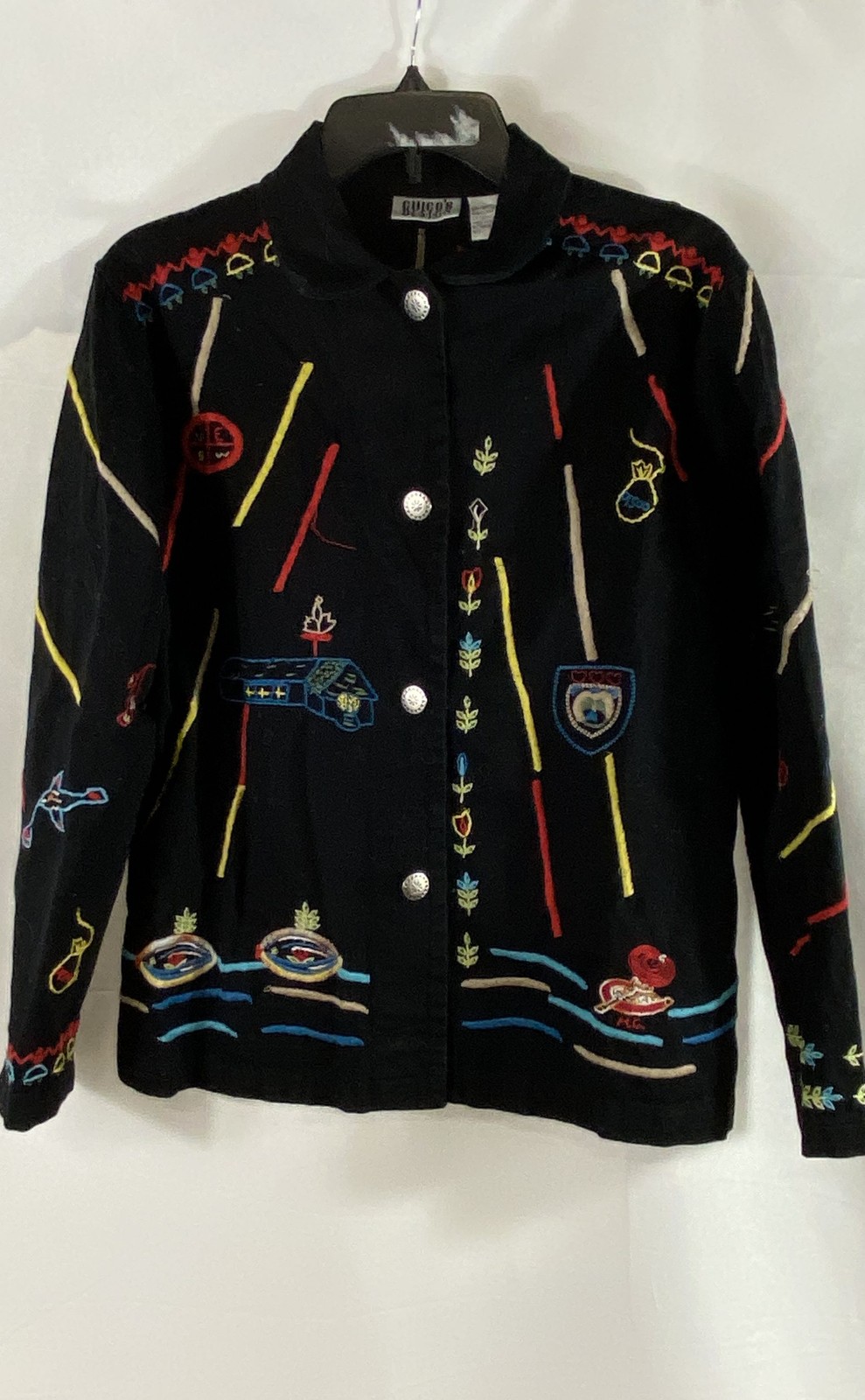 Vintage 90s Chico’s Design Women’s Embroidered Cotton Art Wear Jacket Black Sz 1