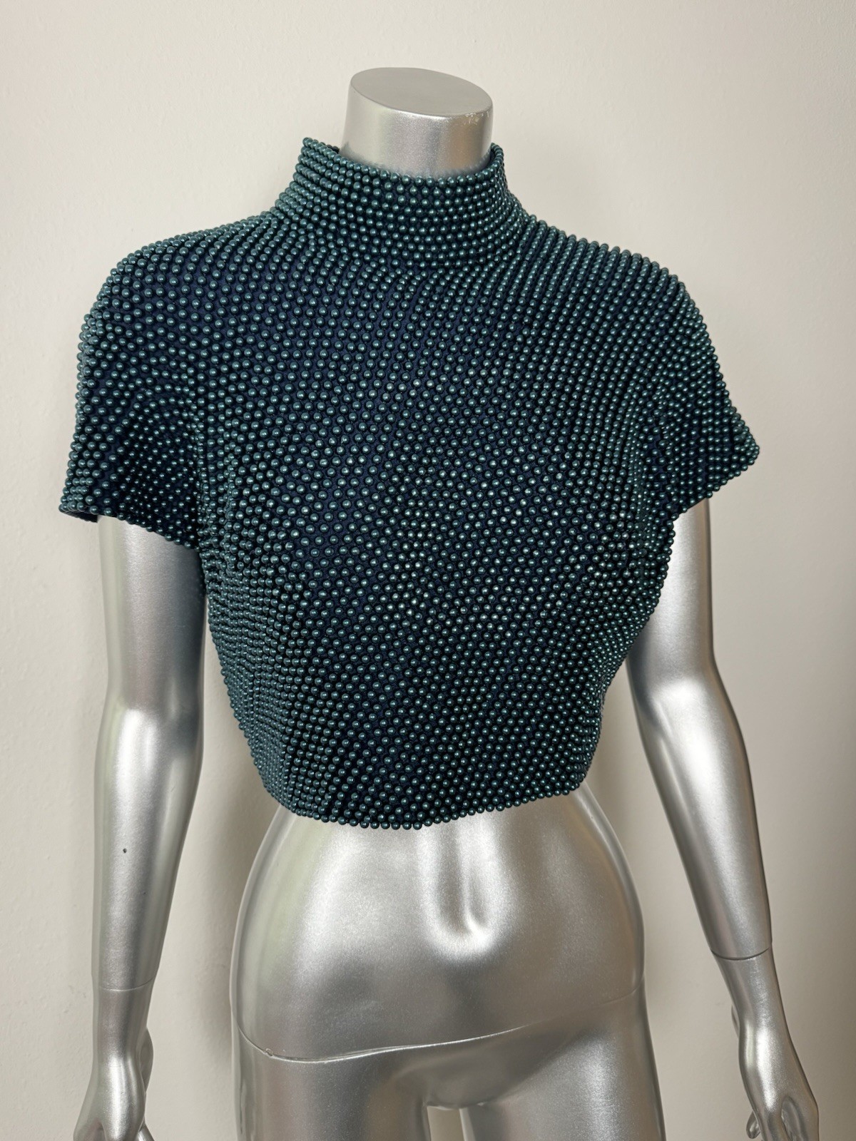 Vintage 80s VIE Victoria Royal Heavy Faux Pearl Beaded Mock Neck Blouse Top 10