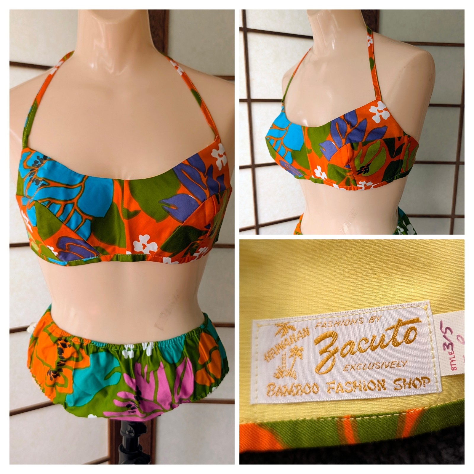 Vtg 60s Hawaiian Fashions by Zacuto Bamboo Fashion Shop Bikini NOS Exotic Print
