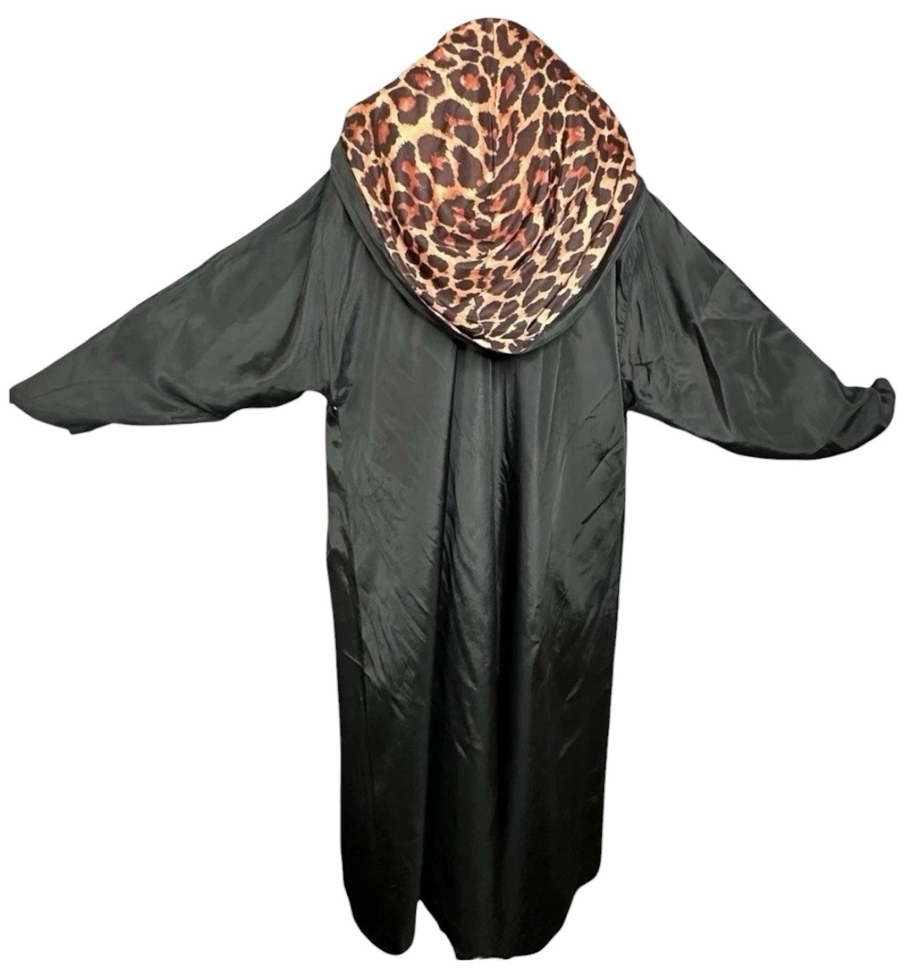 1950s Reversible Silk Satin Duster Coat Leopard Print Hooded Pockets