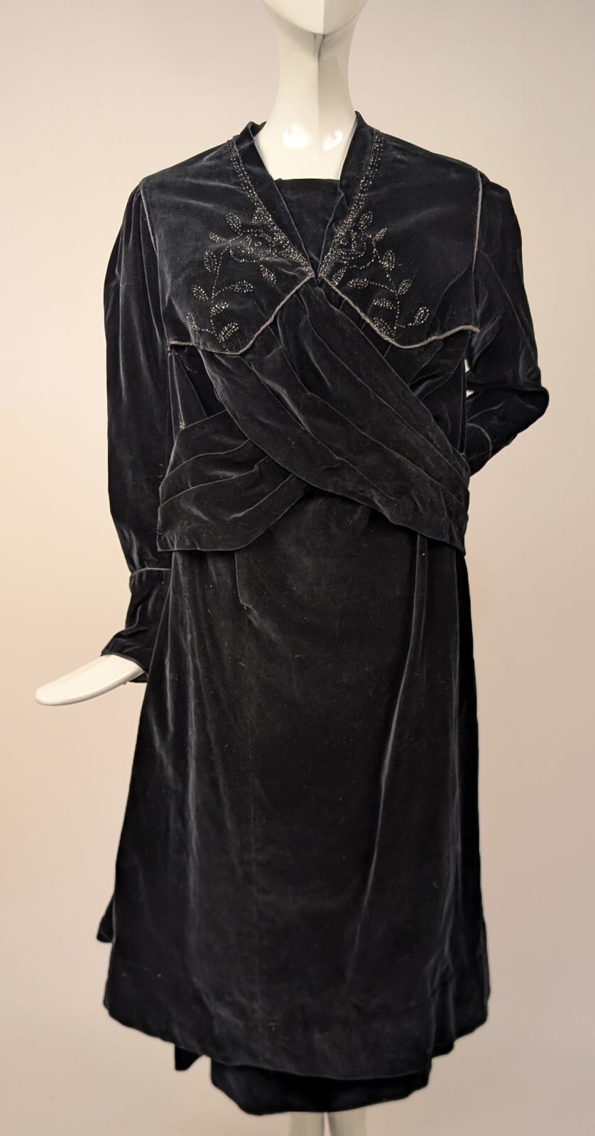 UNUSUAL ASYMMETRICAL VELVET DRESS W BEADING + CROSSING FRONT TO BUCKLE REAR