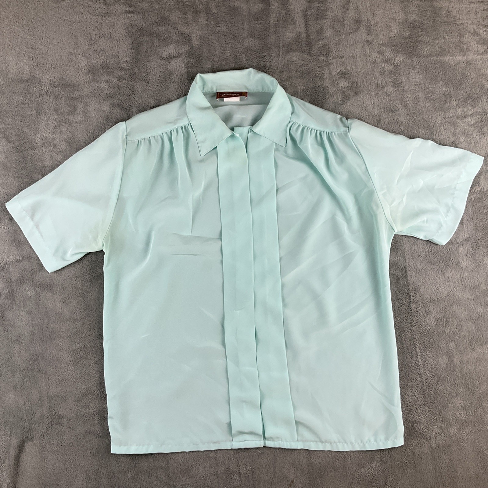 Vintage Worthington Teal Green S/S Blouse w Concealed Front Button Down Size 6P