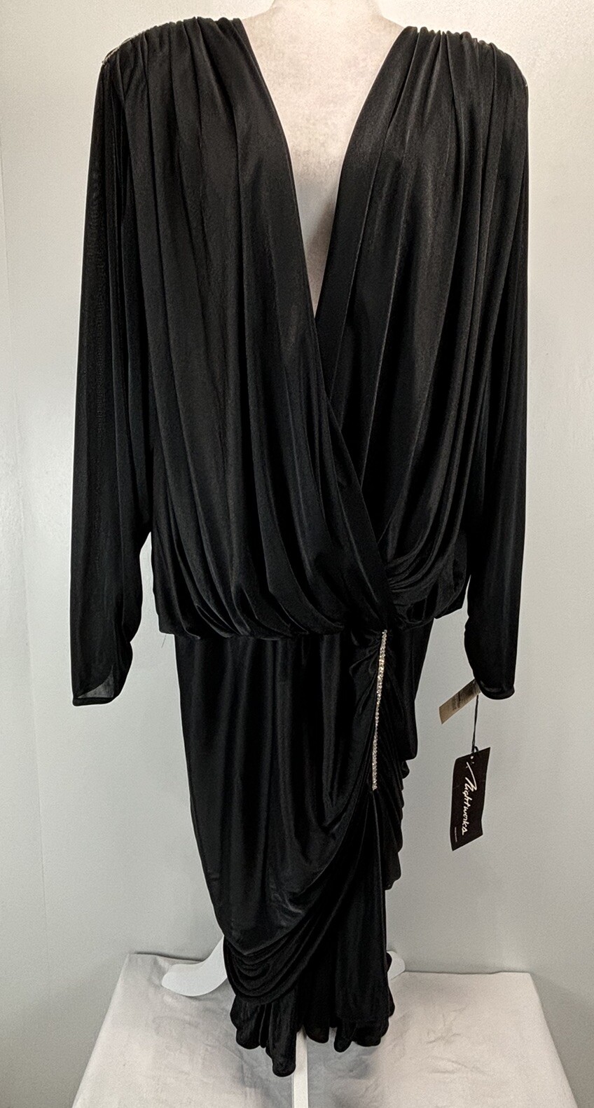 NEW! Vtg Nightworks Satin Dress Sz 24W Plus Black Hollywood Glam Rhinestone
