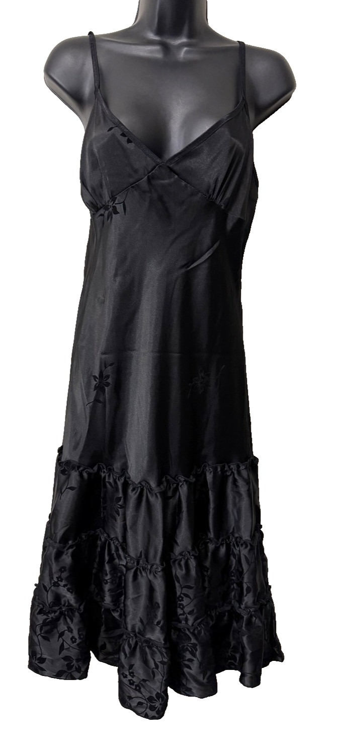 Vintage Y2K 90s Glam Satin Babydoll Slip Midi Dress Whimsigoth Floral Black L