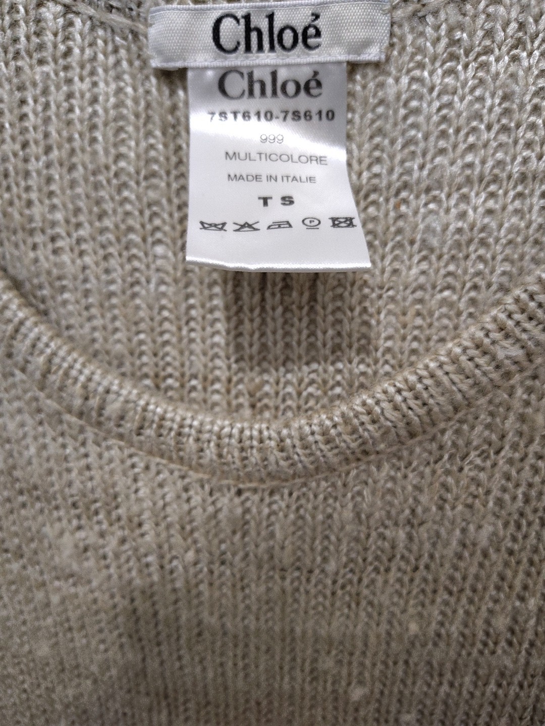 CHLOE Italy Silk Cotton Wool Knit Dress Sz TS S Beige Ruffled Striped Boho Rare