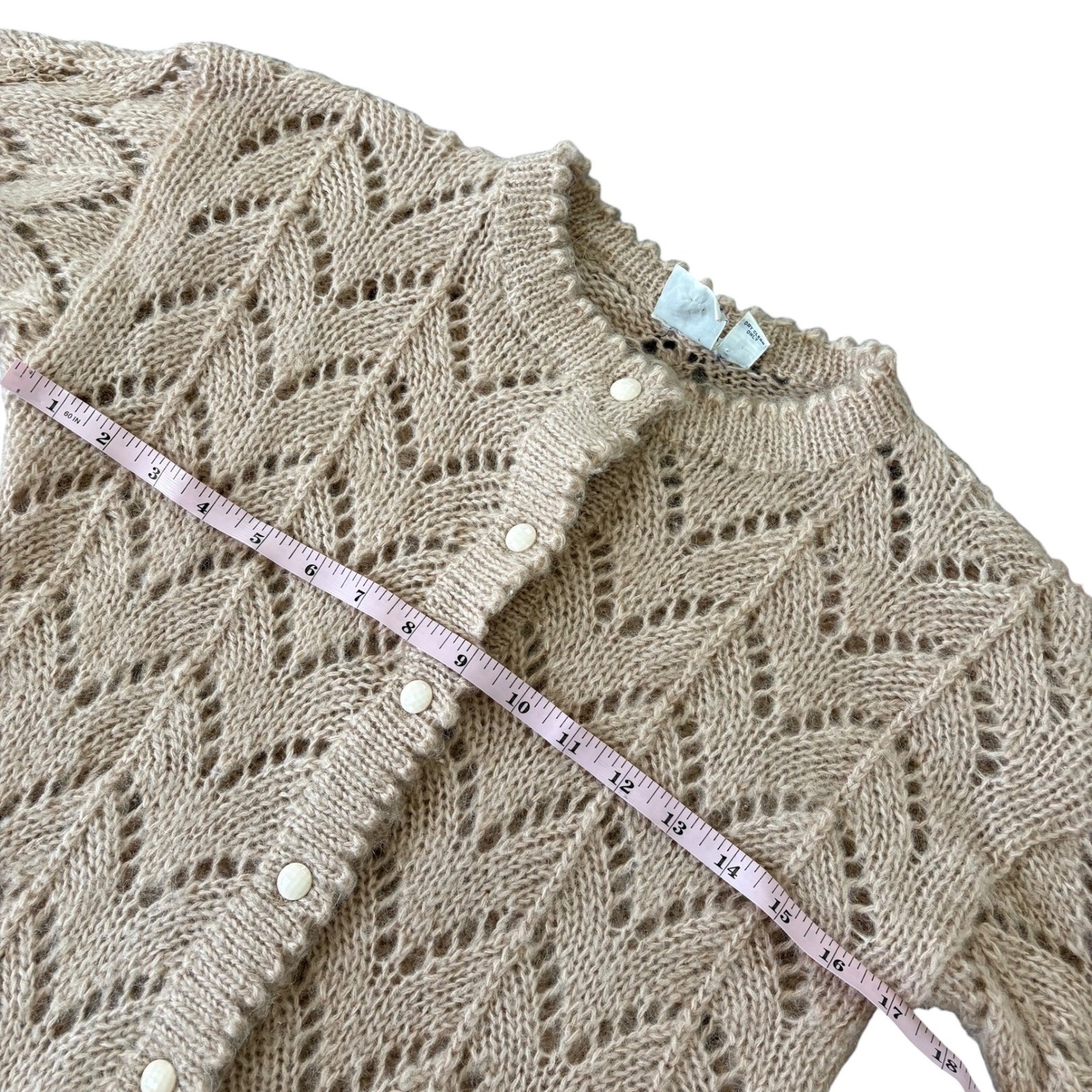 JG Hook Vintage Mohair Blend Pointelle Chevron Knit Cardigan Sweater Tan Pink S