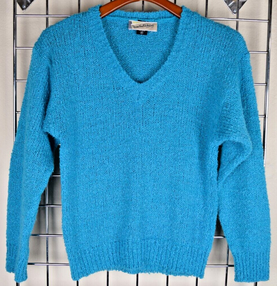 Vintage Diane Von Furstenberg Sweater Size M 90s Turquoise Rustic Knit V Neck