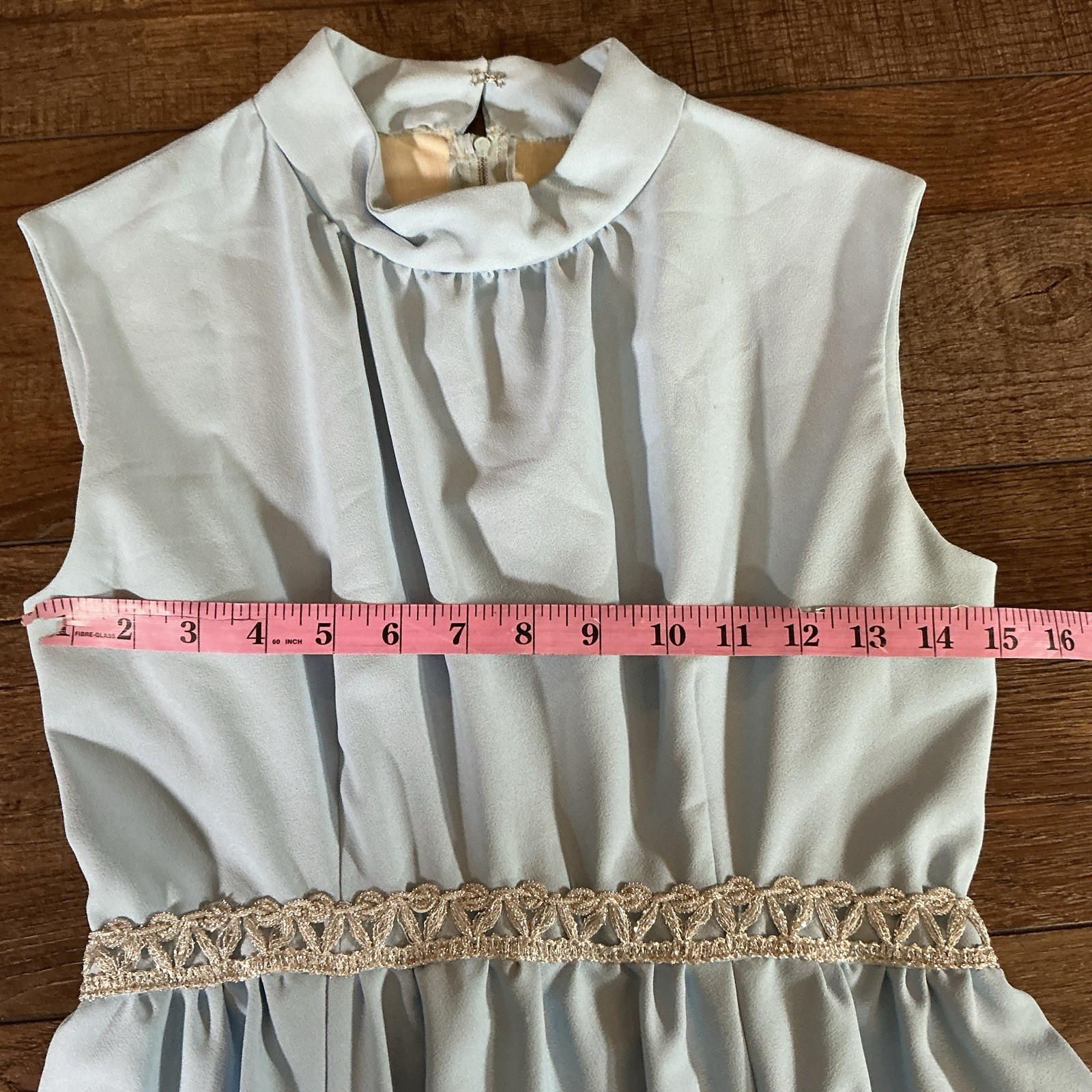 60s 70s VTG Baby Blue Maxi Dress Sz XS/S Empire Waist Lace Trim Formal Gown 34E9