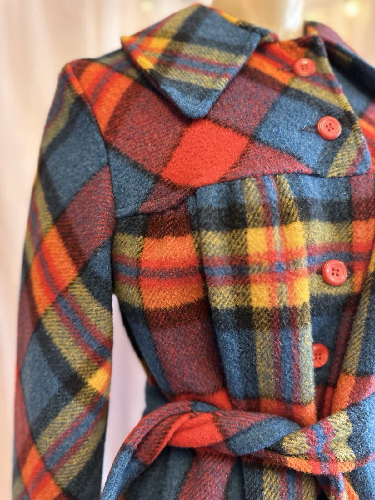 Vintage 60s 70s Rainbow Plaid Wool Coat Jacket Mod Retro Swingles XS/S