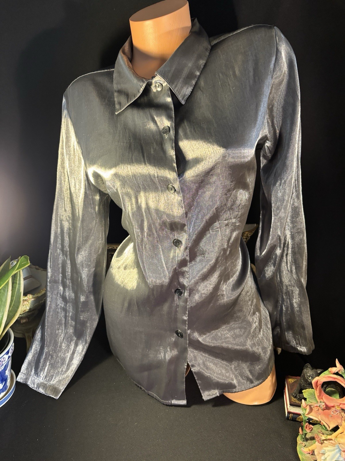 Vtg Satin Secretary Office Button Up Notch Silver Office Y2k Blouse L 42″