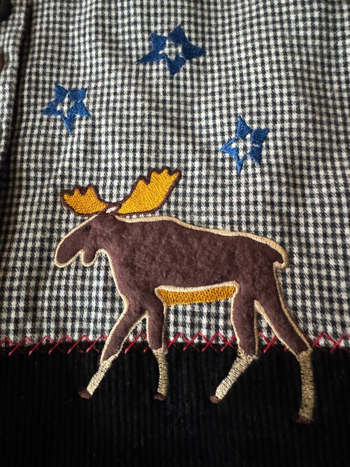 Vintage 90s Moose Applique Houndstooth Vest L USA Cabin Cottagecore Original