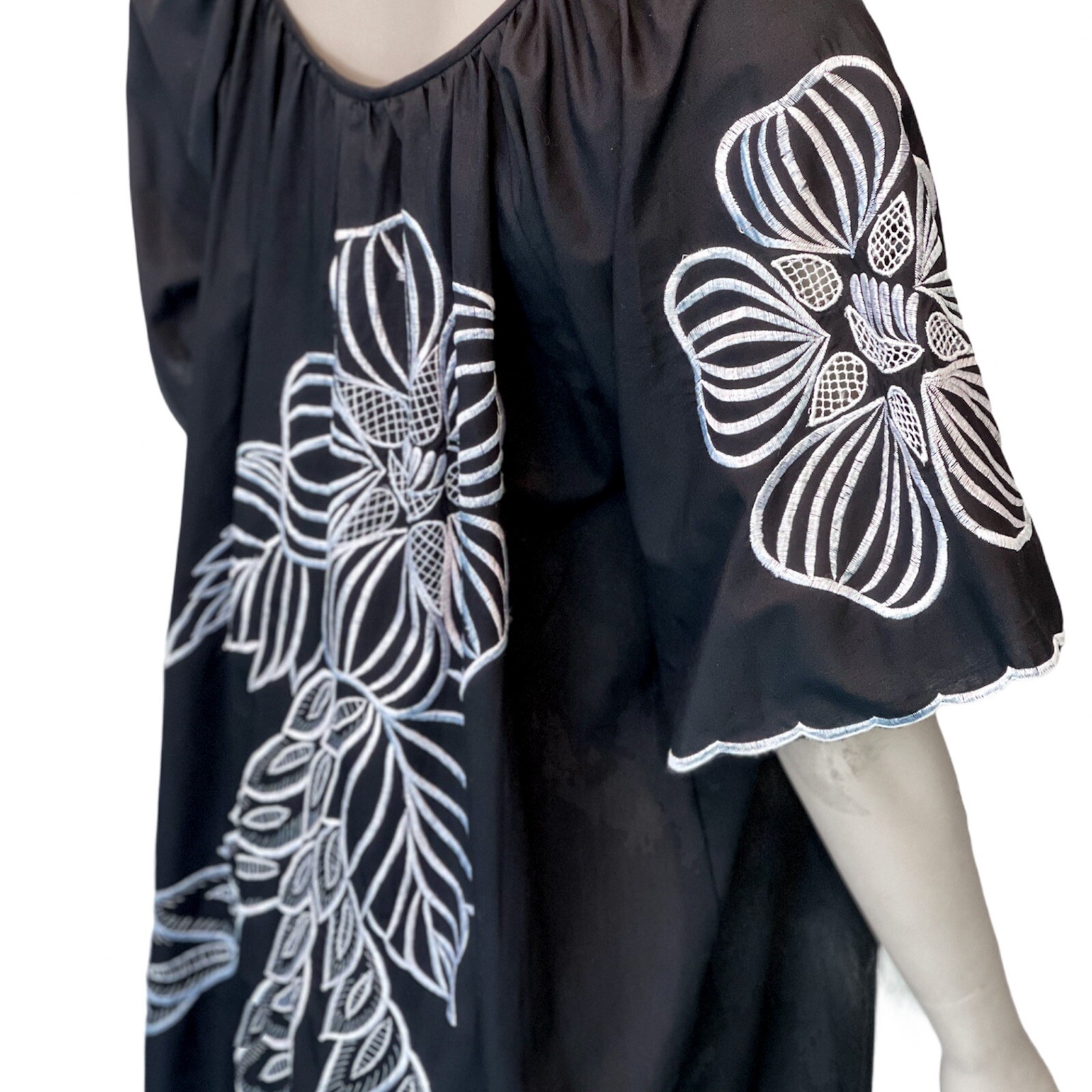 Vintage Caro of Honolulu Muumuu Hawaiian Maxi Black White Embroidery Floral
