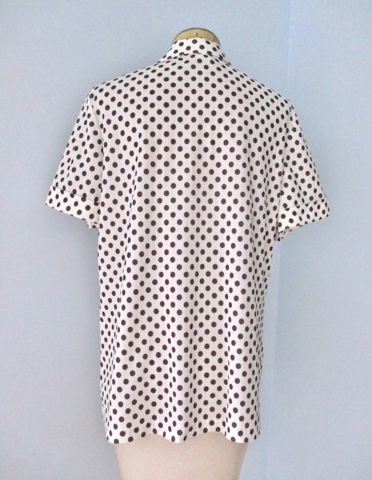 Vtg 60s 70s Brown Dot Poly Blouse Pockets Beautician Salon Uniform Smock Top 40