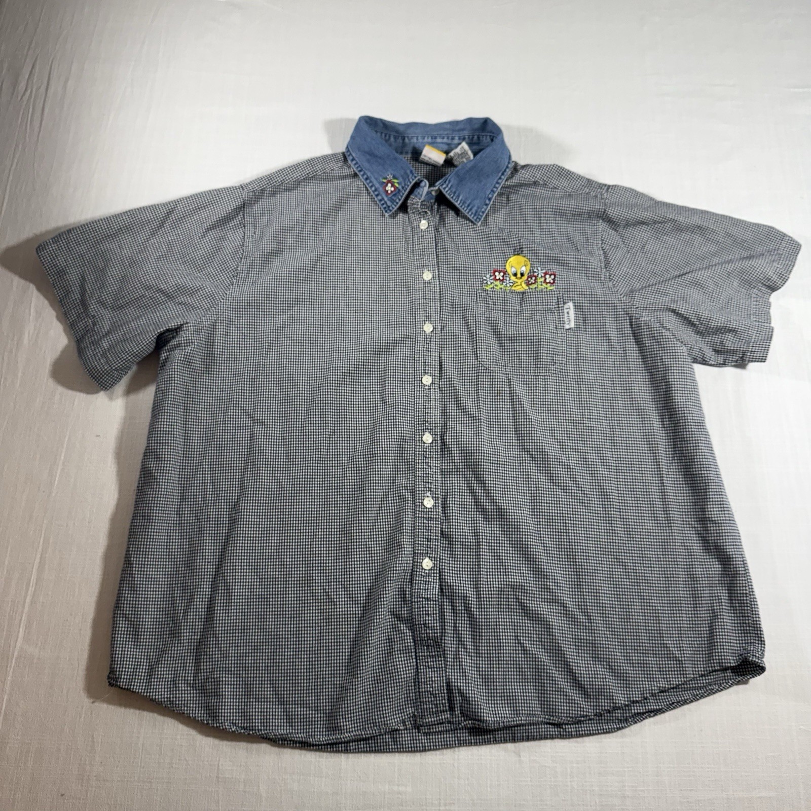 VTG Looney Tunes Toons Tweety Bird Shirt Button Down Gingham Women’s 26/28W