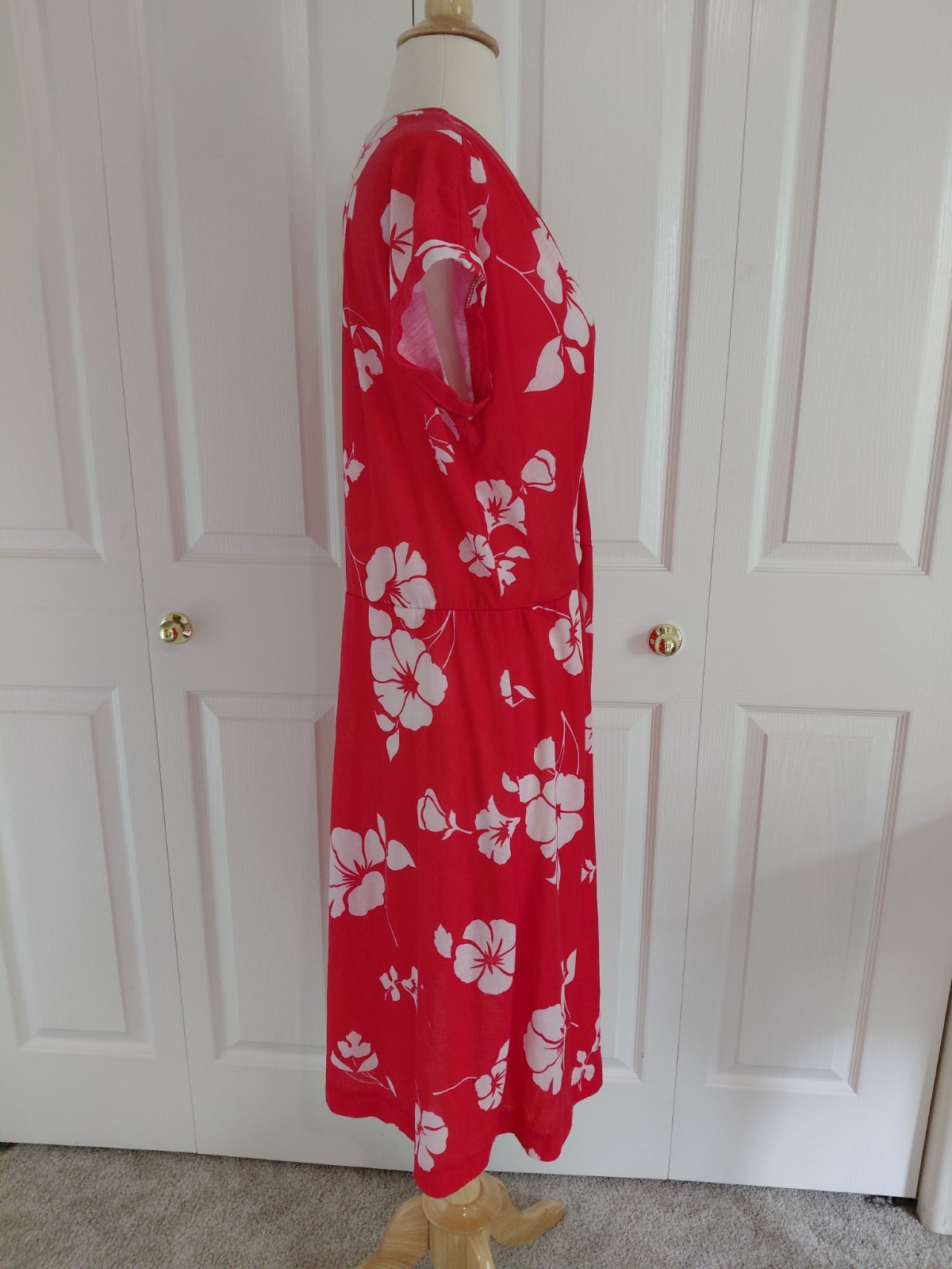 Vintage 1980s Does 1940s Hawaiian Tabby Dress Red White Hibiscus Size Large