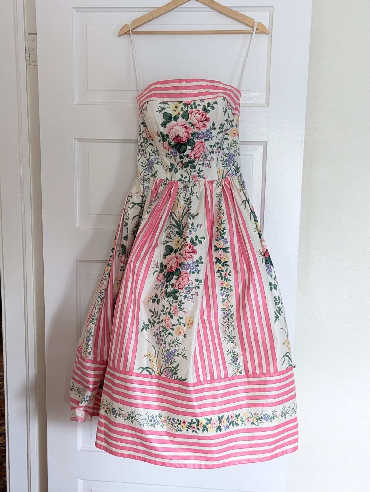 Vintage 1980s Victor Costa Chintz Rose Floral Pink Strapless Sun Dress Sz 10 M