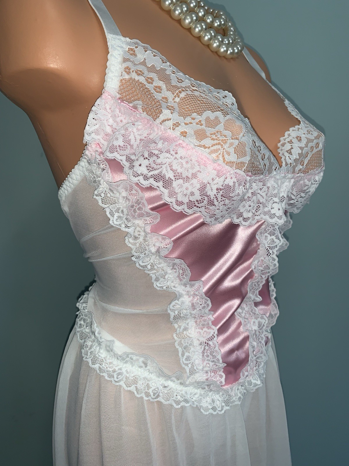 NEW Shiny Satin & Frilly Lacy Nightie 2X Babydoll Negligee Chiffon Sheer 2pc