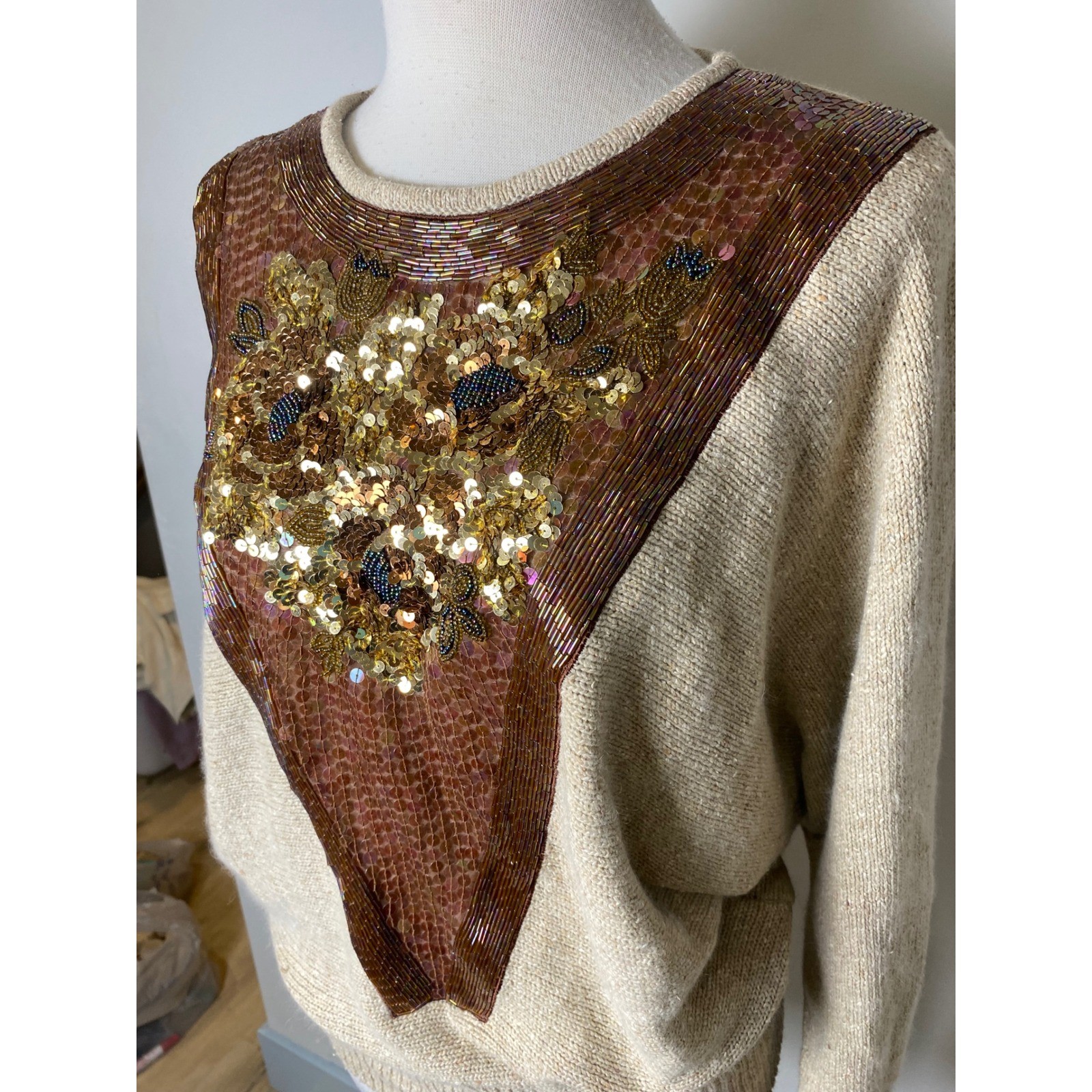 Cedars Vintage Silk Blend Beaded Sequin Sweater Tan Gold Embellished Womens L