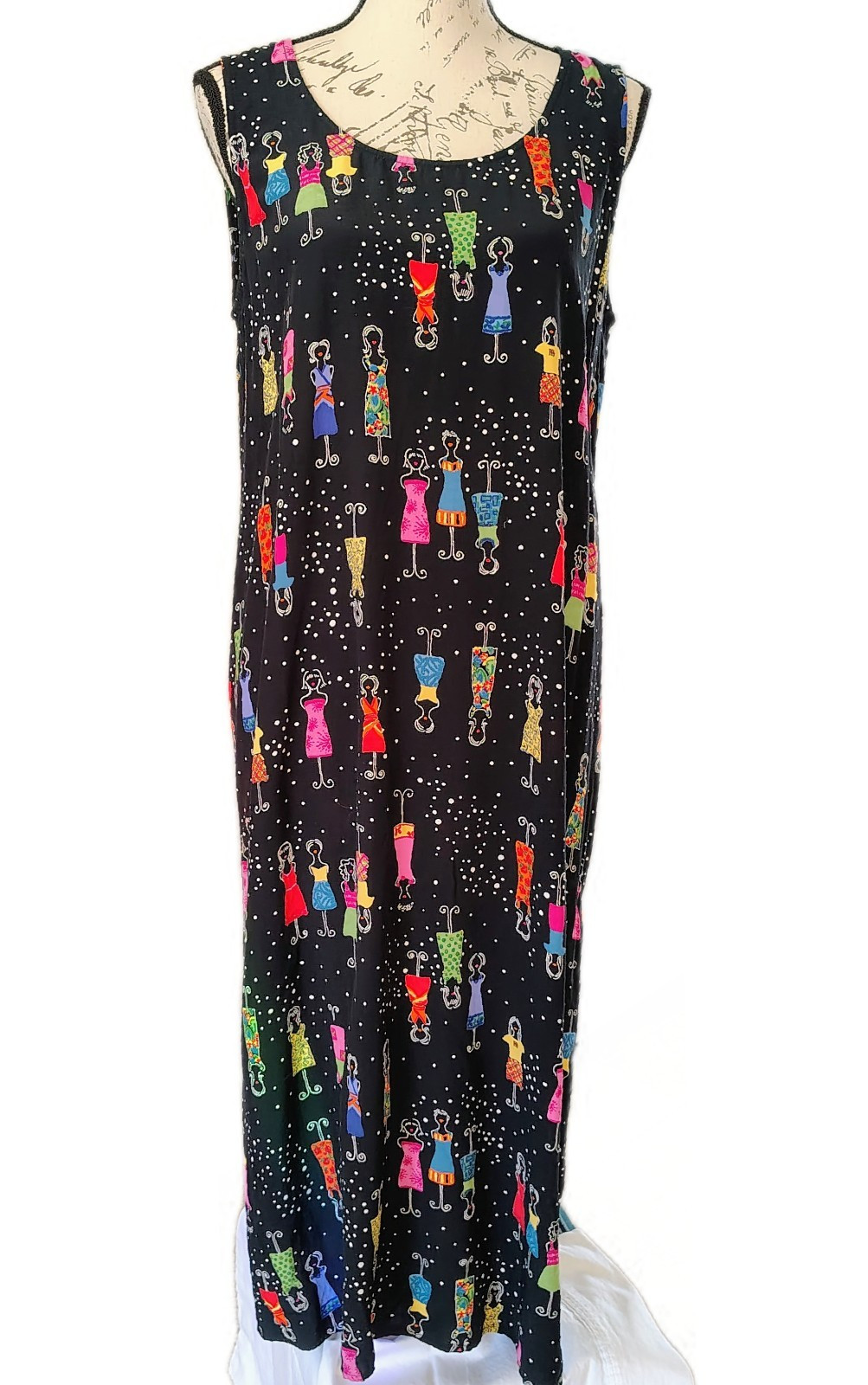 Vtg 90s Carol Anderson Petites Rayon Shift Dress L Figurative Art Novelty Print