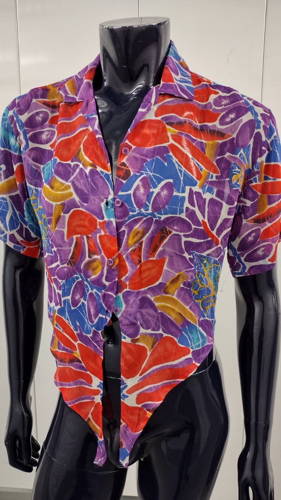 1990s Crop Style Short Sheer Shirt Unisex Purple Floral Rayon Tie Front GAY