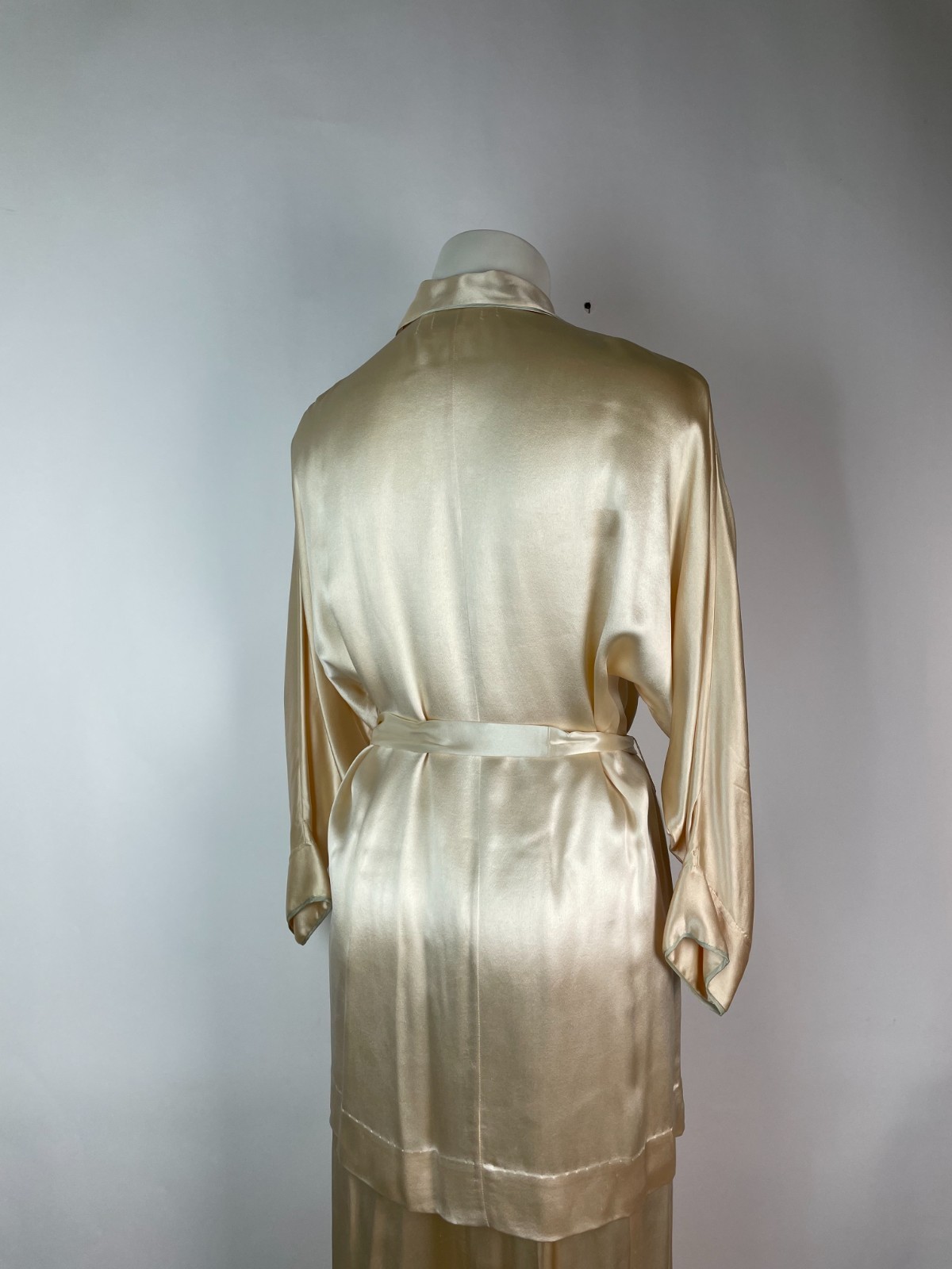 Vintage 40s 50s Satin Silk Two PC Loungewear Belted Blouse Pant Set Monogram S/M
