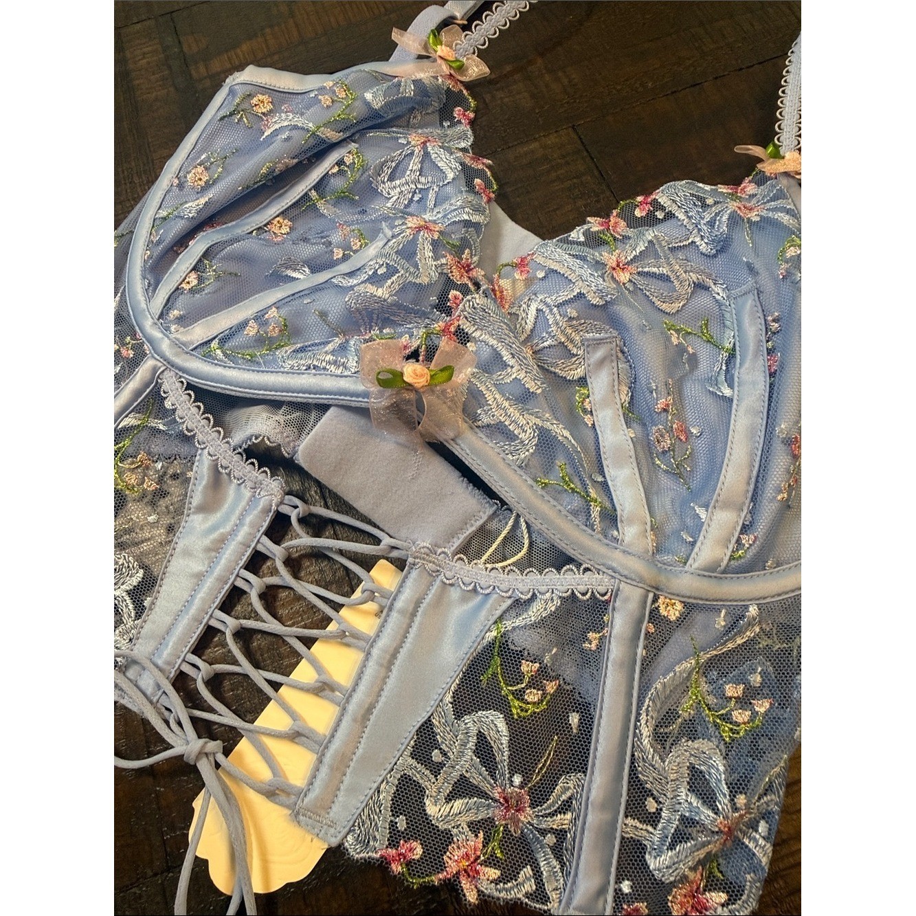 For Love & Lemons Belle Bow Bustier Blue Floral Lace-Up NWT