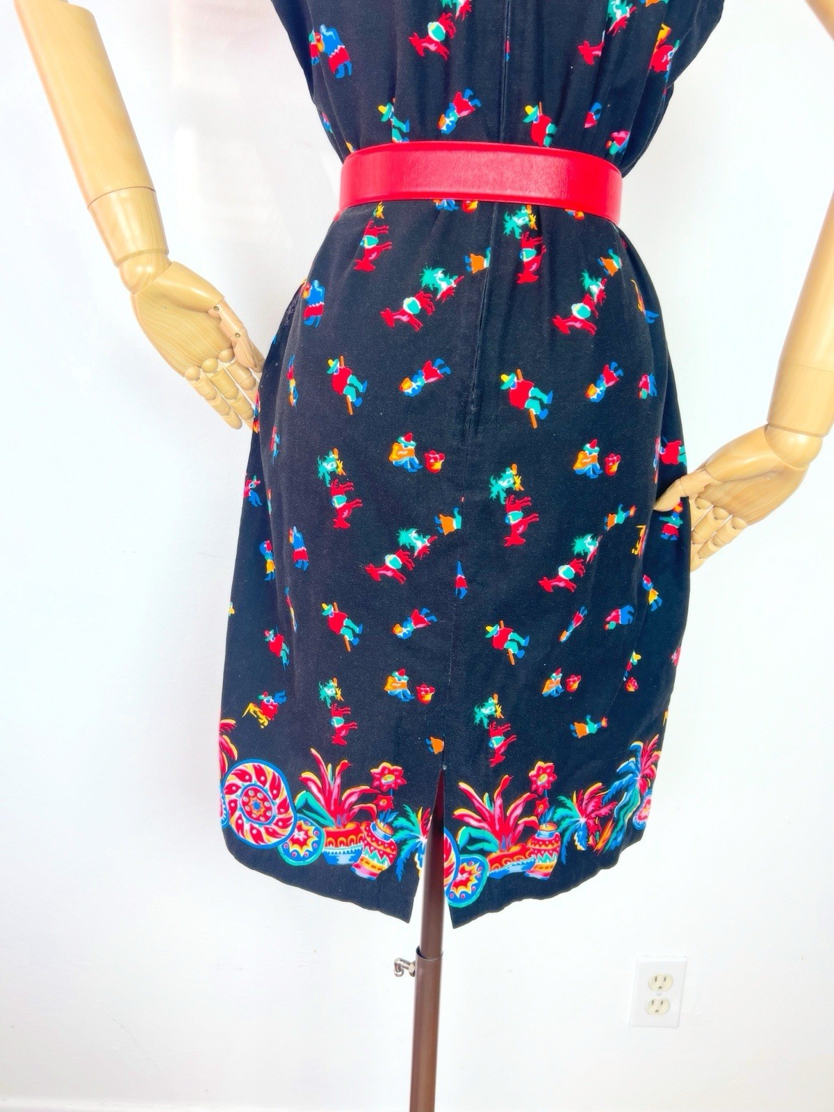 MEXICAN NOVELTY Print 60s 1960’s Vintage Black Cotton Shift Sundress Dress M 36b