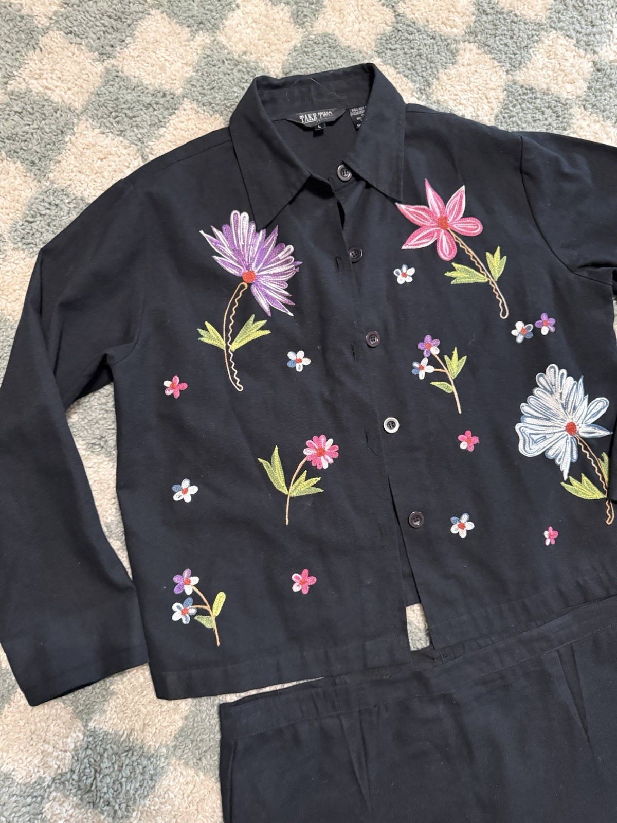 TAKE TWO 100% Cotton Vintage Floral Embroidered Black Jacket and Skirt Set Large