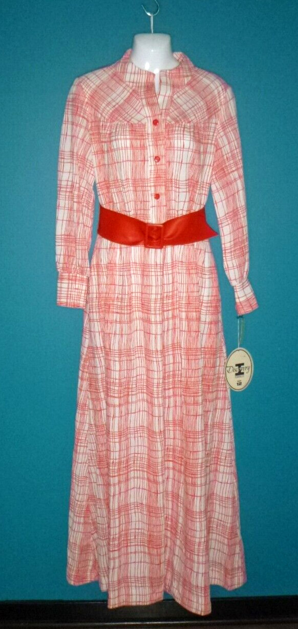 NWT Vtg 70s Discovery I Red White Plaid Poly Maxi Dress W/ WIDE Belt Sz 12 NOS