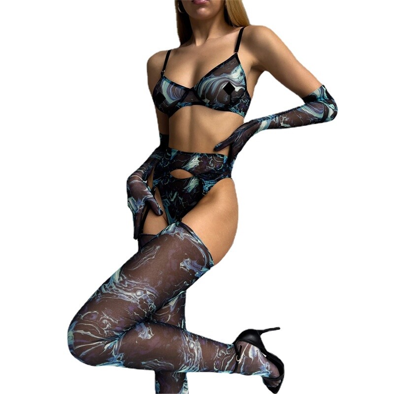 Arrival Colorful Ink Splatter Mesh Sexy Lingerie Set with Gloves and Garter Belt