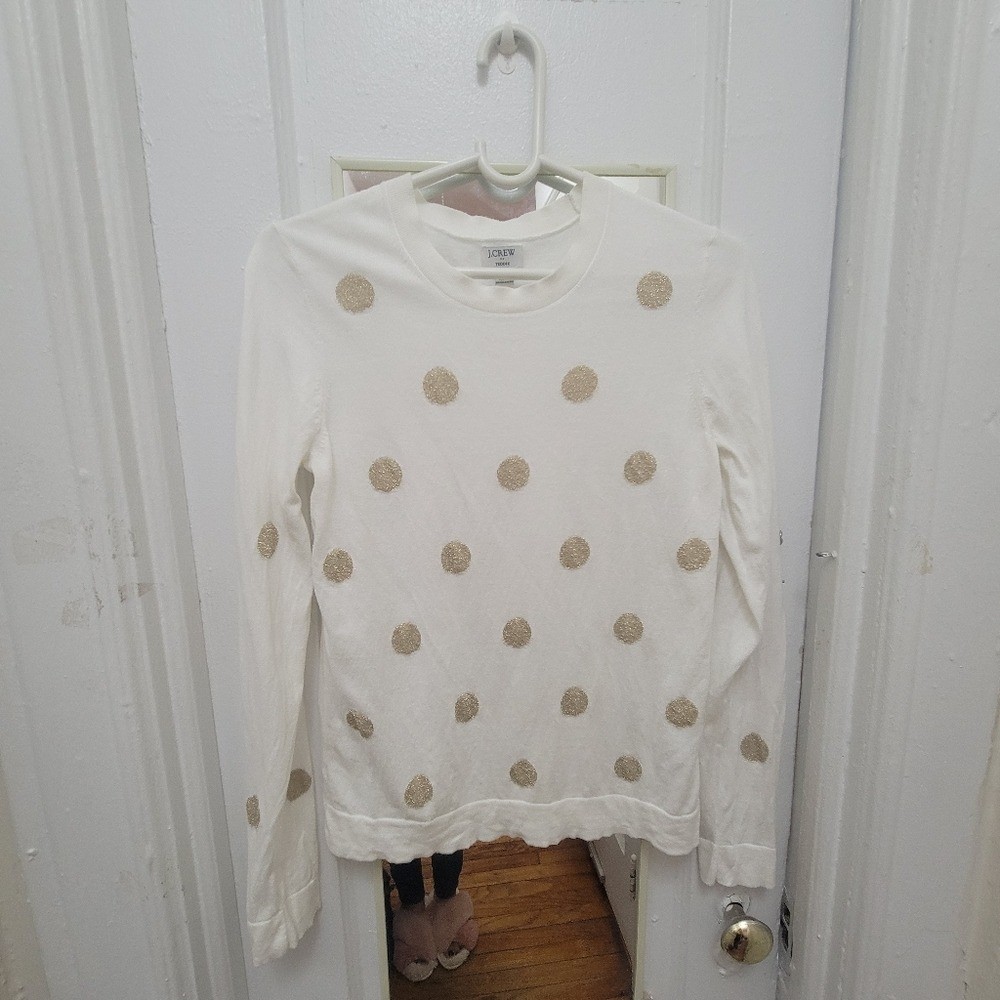 J. Crew White Sweater with Gold Polka Dots EUC Boho