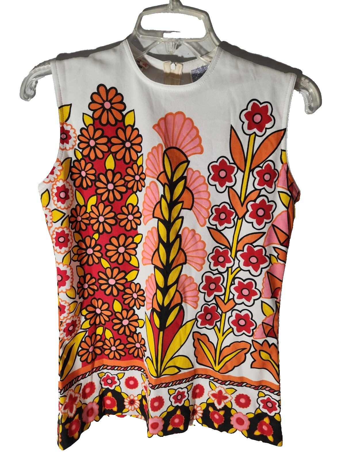Vintage 60s MOD Pop Art Psychedelic Poly Sleeveless Top Shirt w Back Zip 36 M?