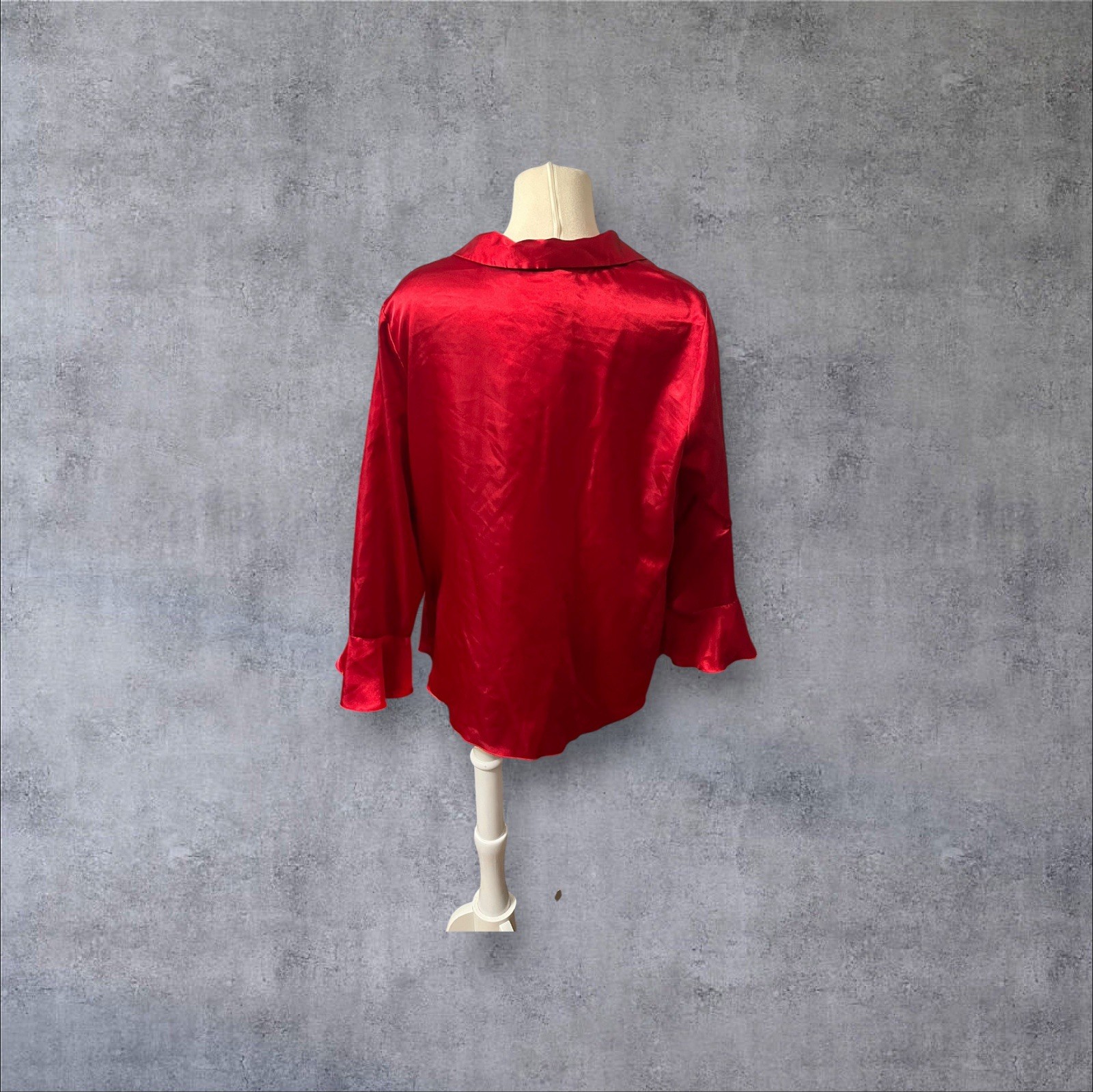 Vintage y2k Red Satin Ruffle Clowncore Denim 24/7 Sz 18W (XXL) Plus Size Blouse