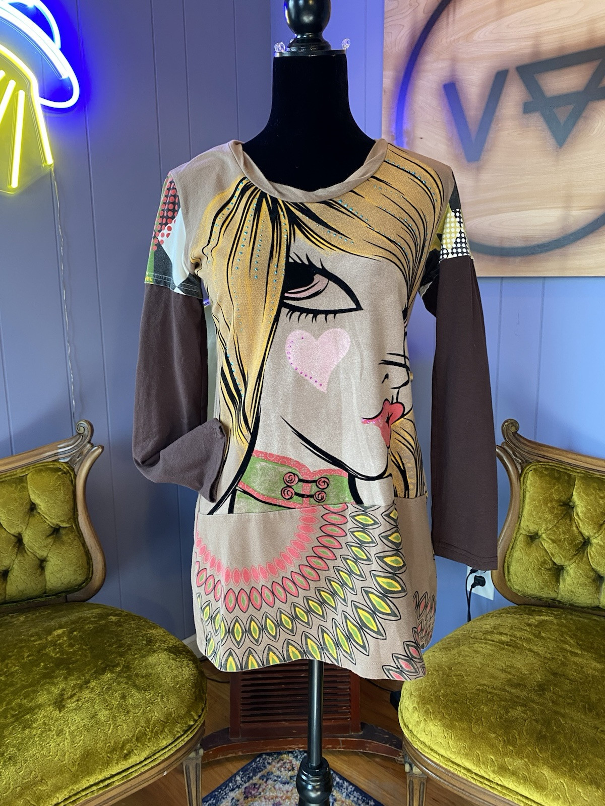 Vintage Y2K Rhinestone Pop Art Custo Barcelona Style Mini Dress Size Medium