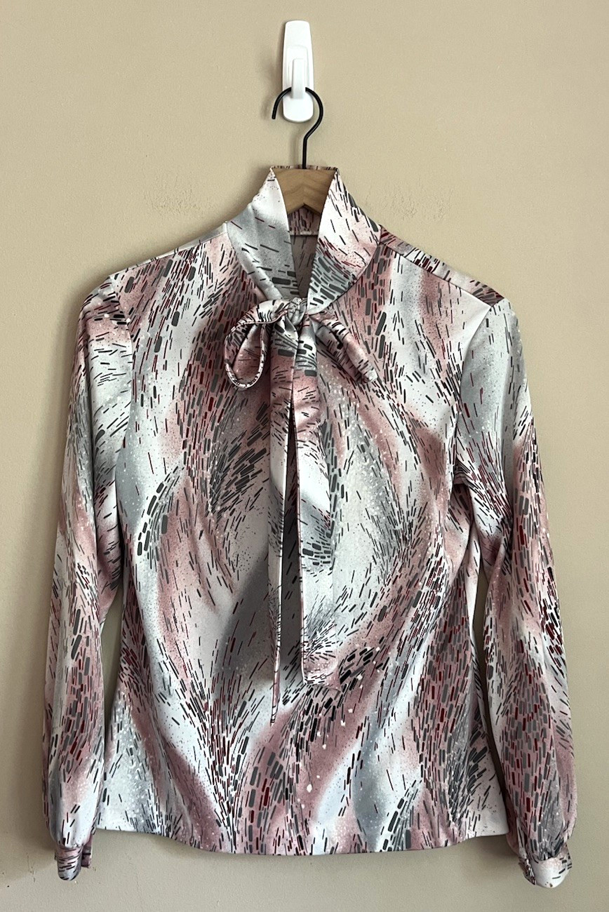 Vintage Blouse Top Shirt Disco 70s Tie Long Sleeve Button Up Size 8 10 Medium