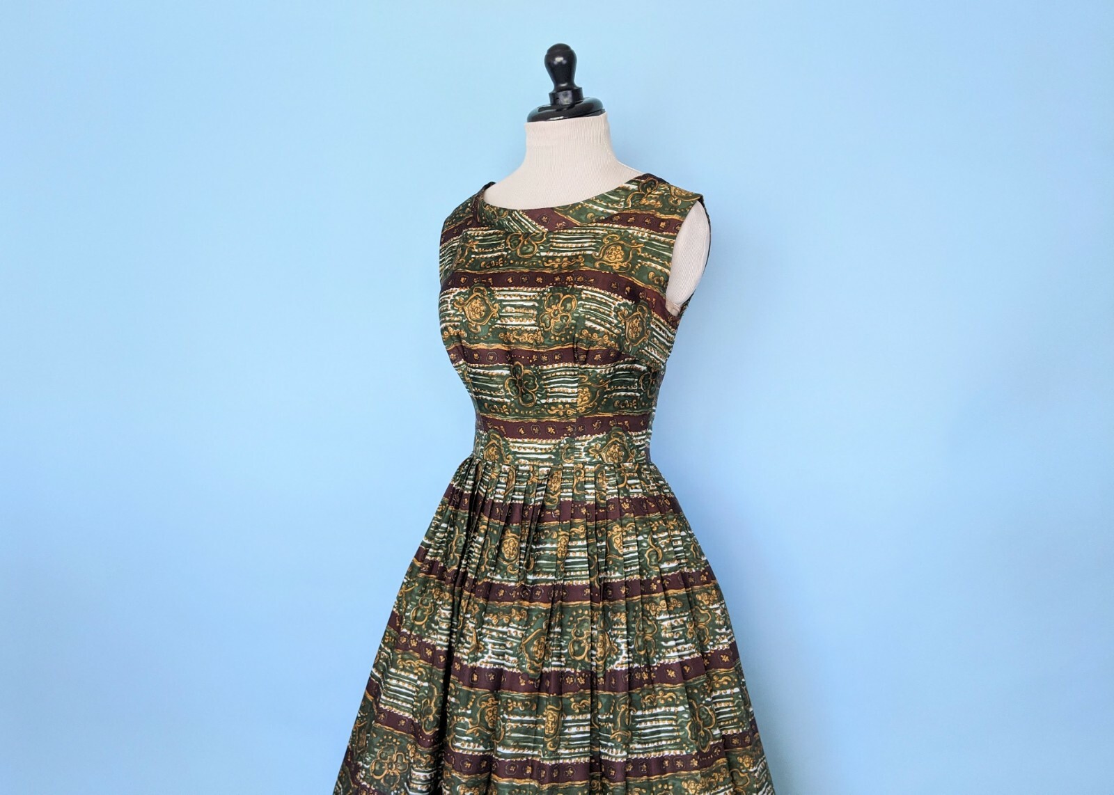Vintage 50s Novelty Print Silk Day Dress, 1950s Striped Party Dress