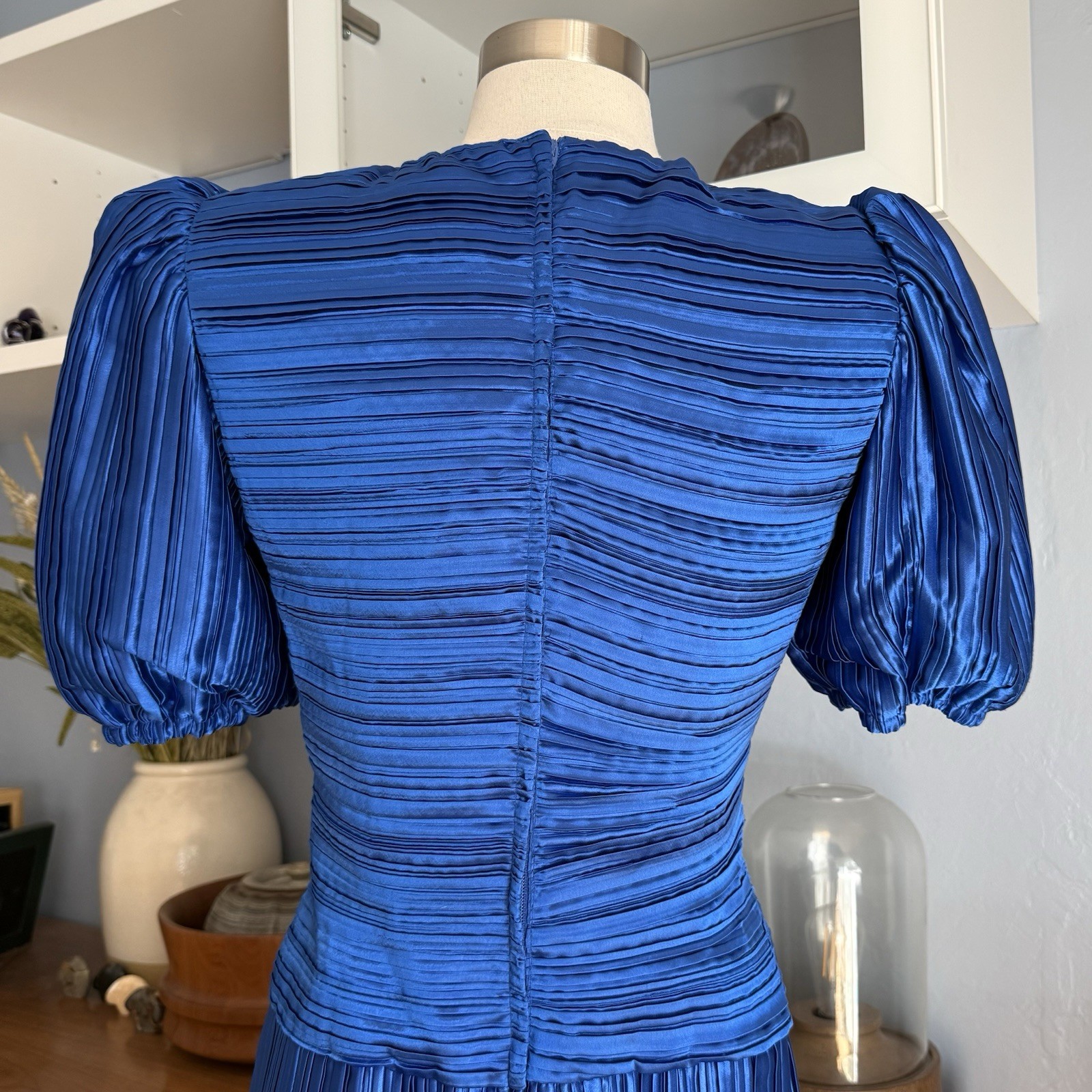 Vintage 80’s Nuit Pleated Cocktail Party Dress Puff Sleeves Blue Rhinestone 6