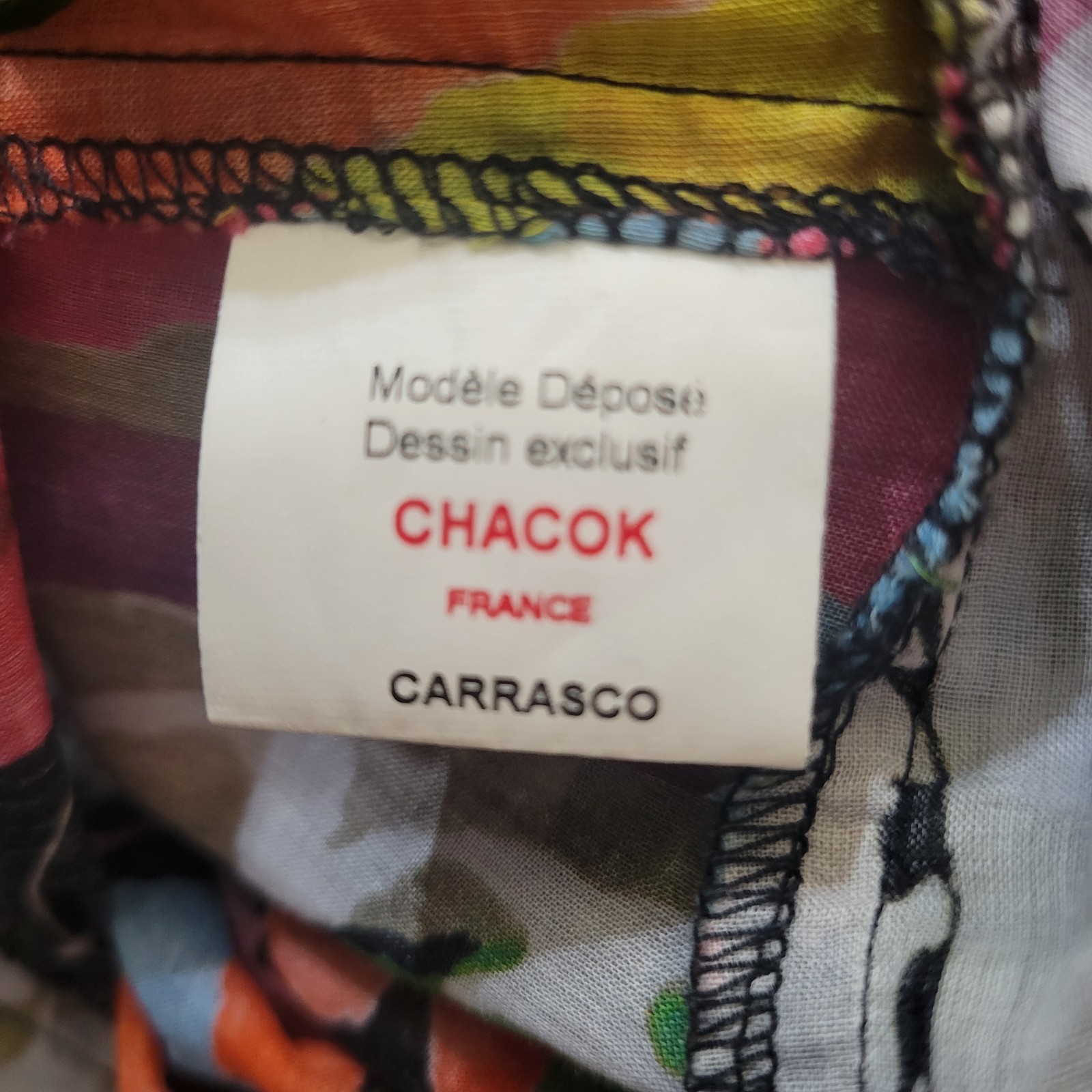 EUC Chacock Mixed Prints Ruffled Blouse Cotton S/M Tassles Tie Neck Abstract