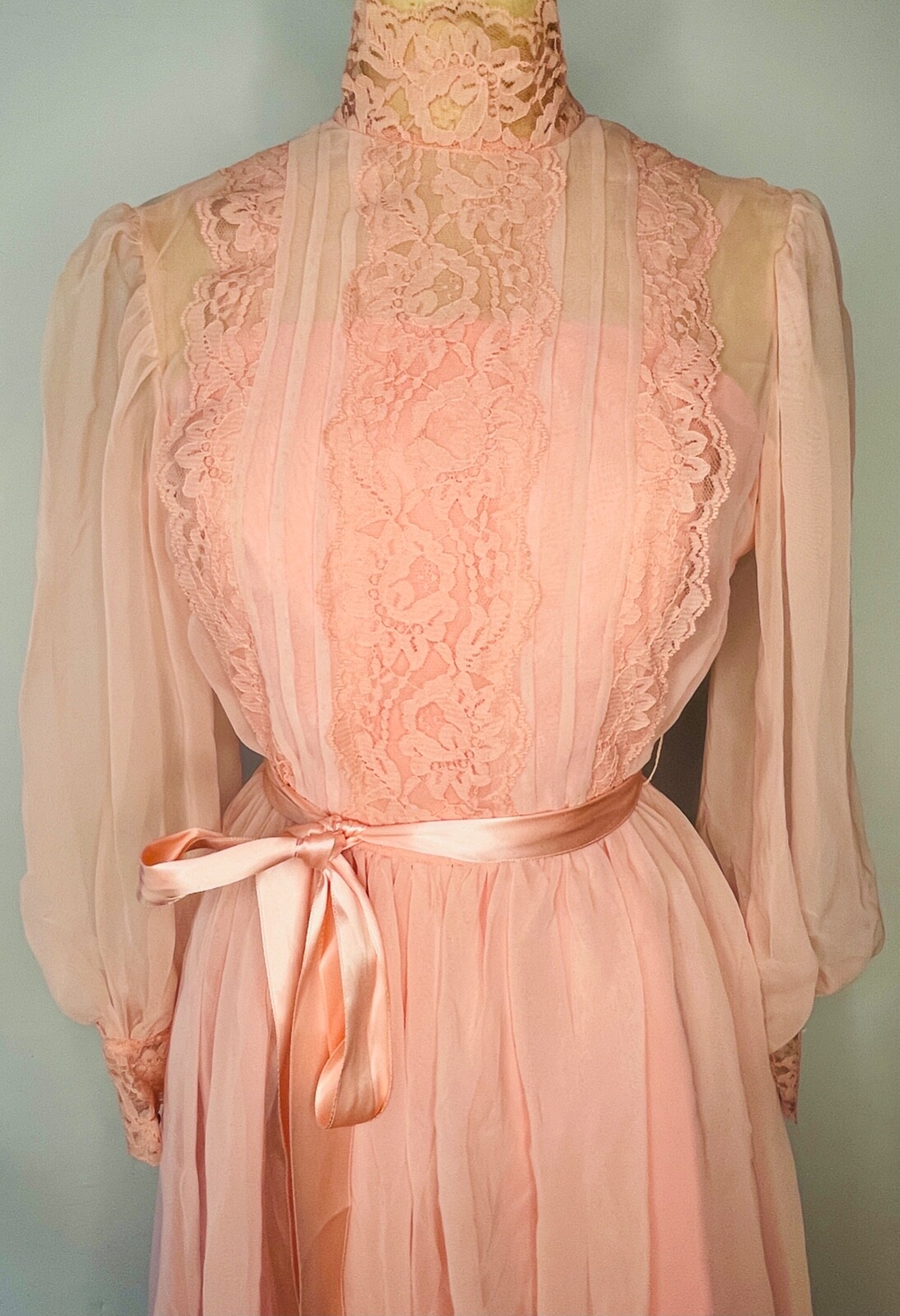 LOVELY!!VTG COTTAGECORE LOLITA COQUETTE PEACH PINK LACE&CHIFFON RUFFLED DRESS*XS