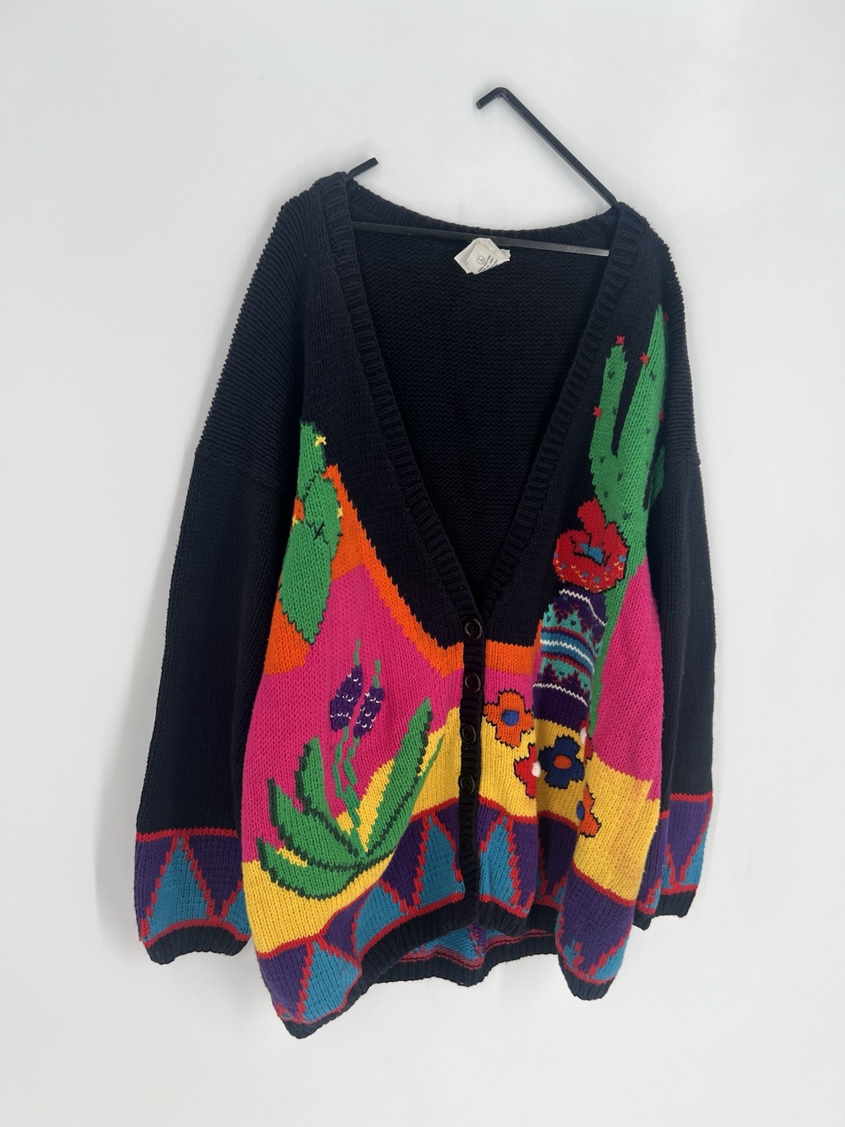 Vtg Andina Retro Abstract Embroidered Floral Cactus Chunky Knit Sweater Cardigan