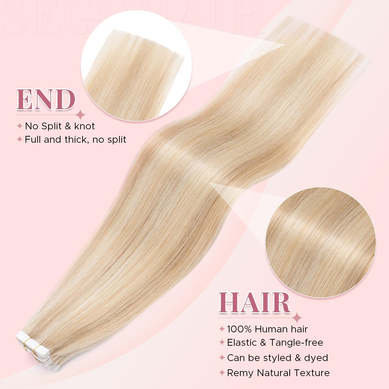 SEGOHAIR Human Hair Tape-In Extensions 20pcs 16in Light Blonde Bleach Remy Seaml
