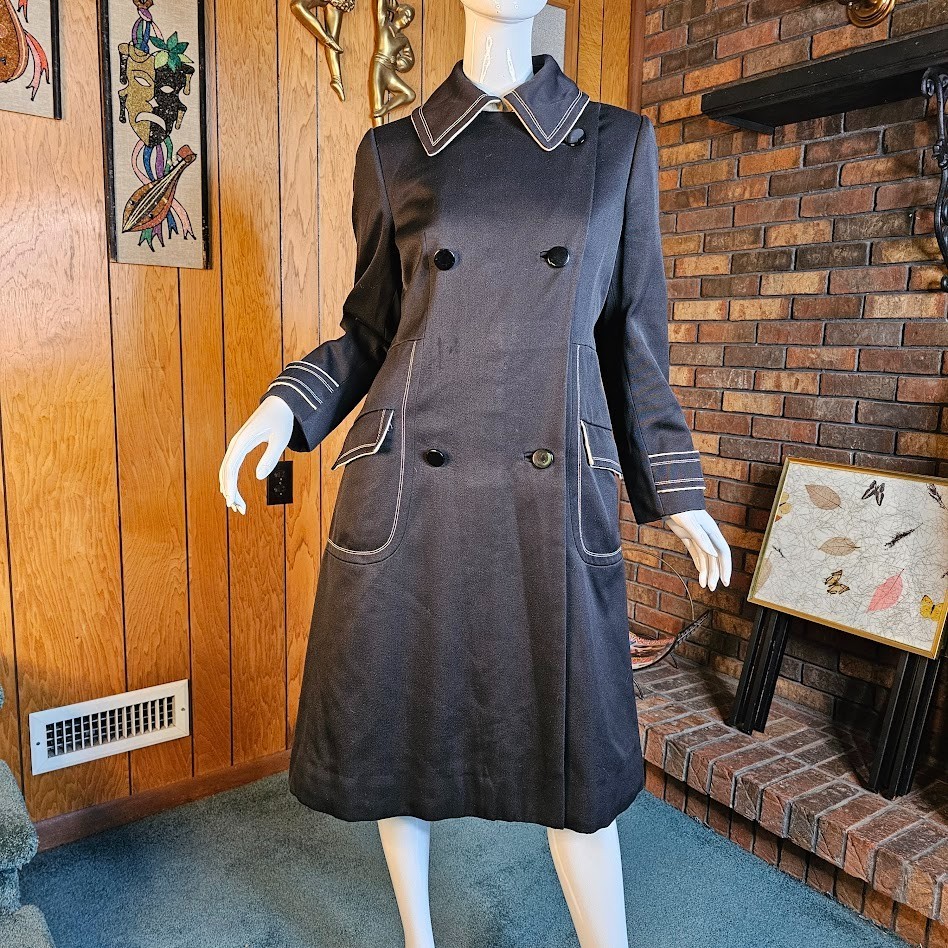 Vtg 60s Mod Youthquake Topstitch Black & White Trench Winter Quilted Rain Coat M