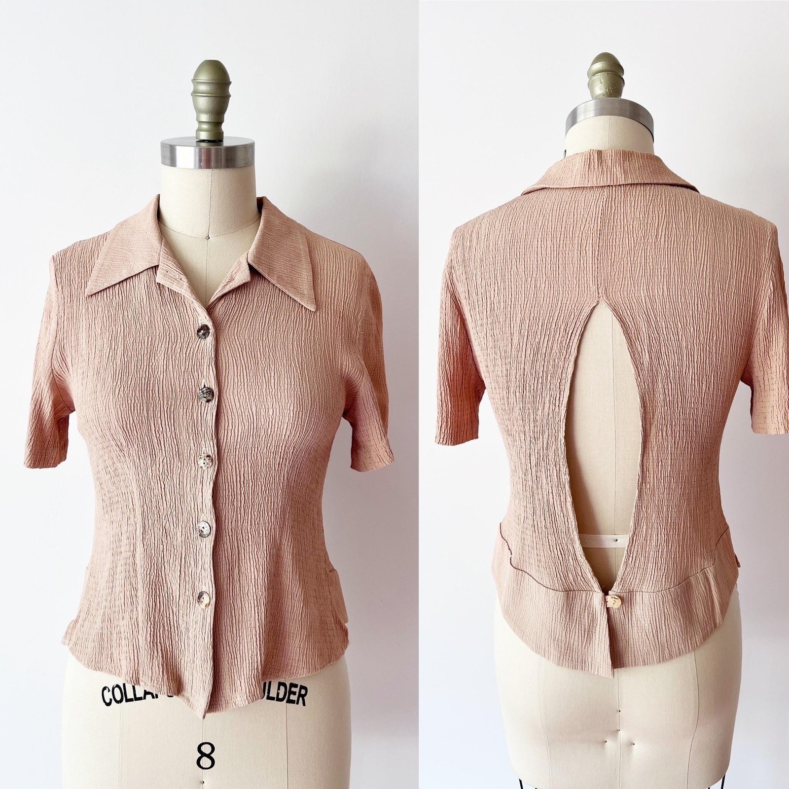 Short Sleeve Blouse Taupe Putty Open Back Vintage Crinkle Top