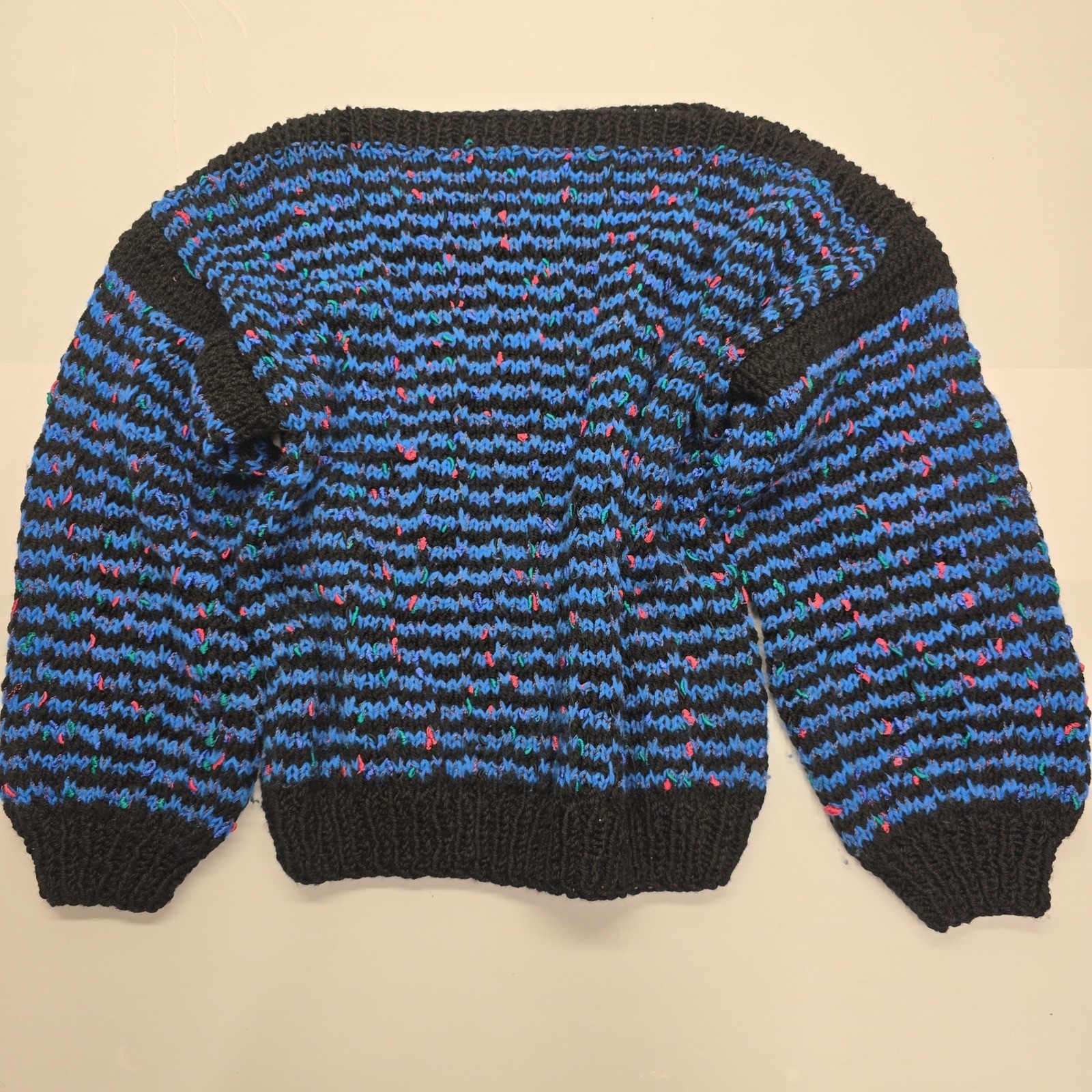 Vintage Hand Knit Striped Pullover Sweater Blue Black Pink Confetti Speckled