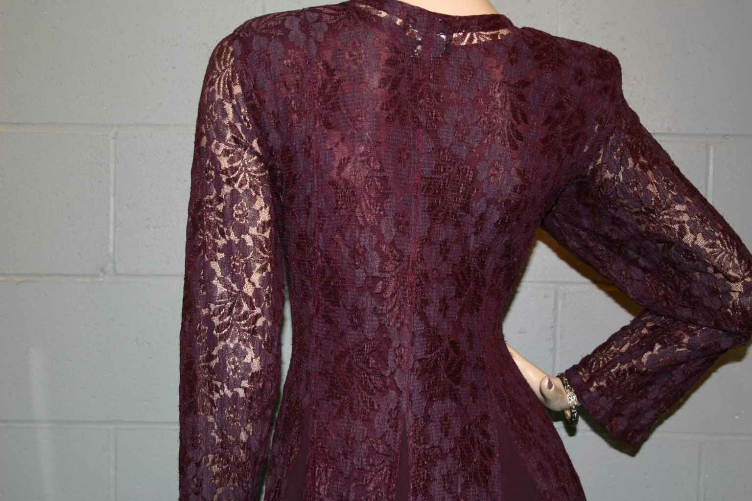S Vtg 90s STARINA Midi Dress LACE LINED Rayon Purple Plum Flared Gored Skirt