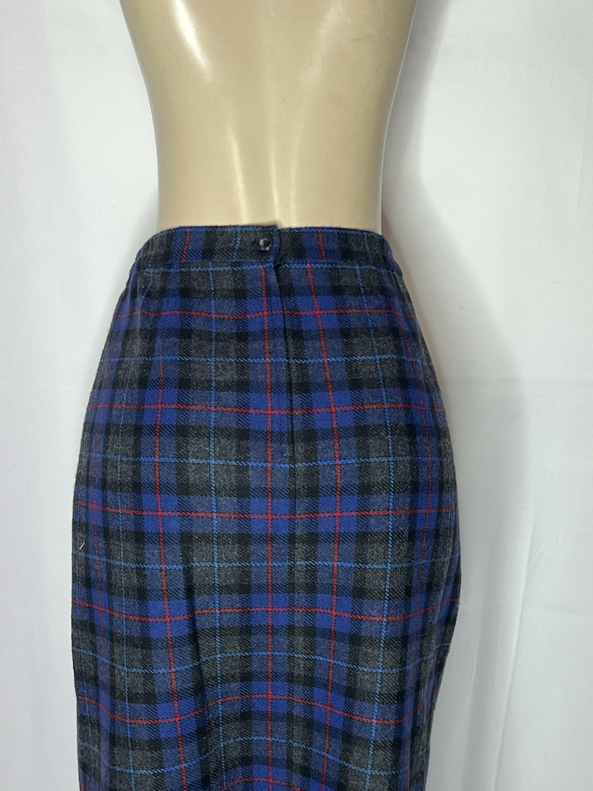 VINTAGE JOAN LESLIE BLUE WOOL PLAID FAUX WRAP MAXI SKIRT SZ 16