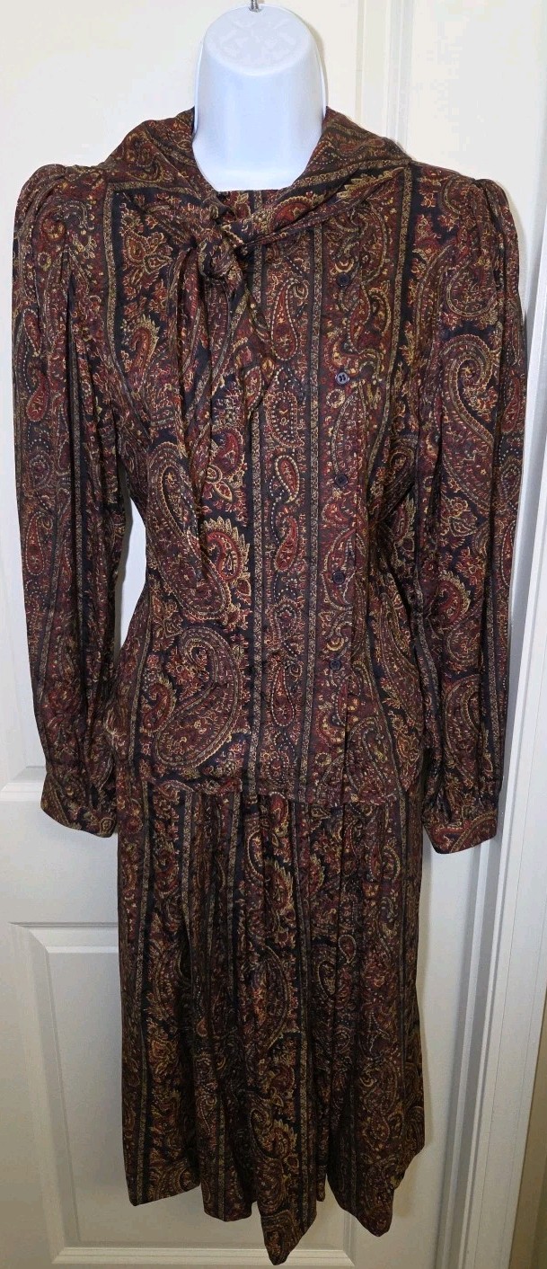 Vtg O By Oscar De La Renta 100% Silk Paisley Tie Neck Dress Skirt Blouse Set