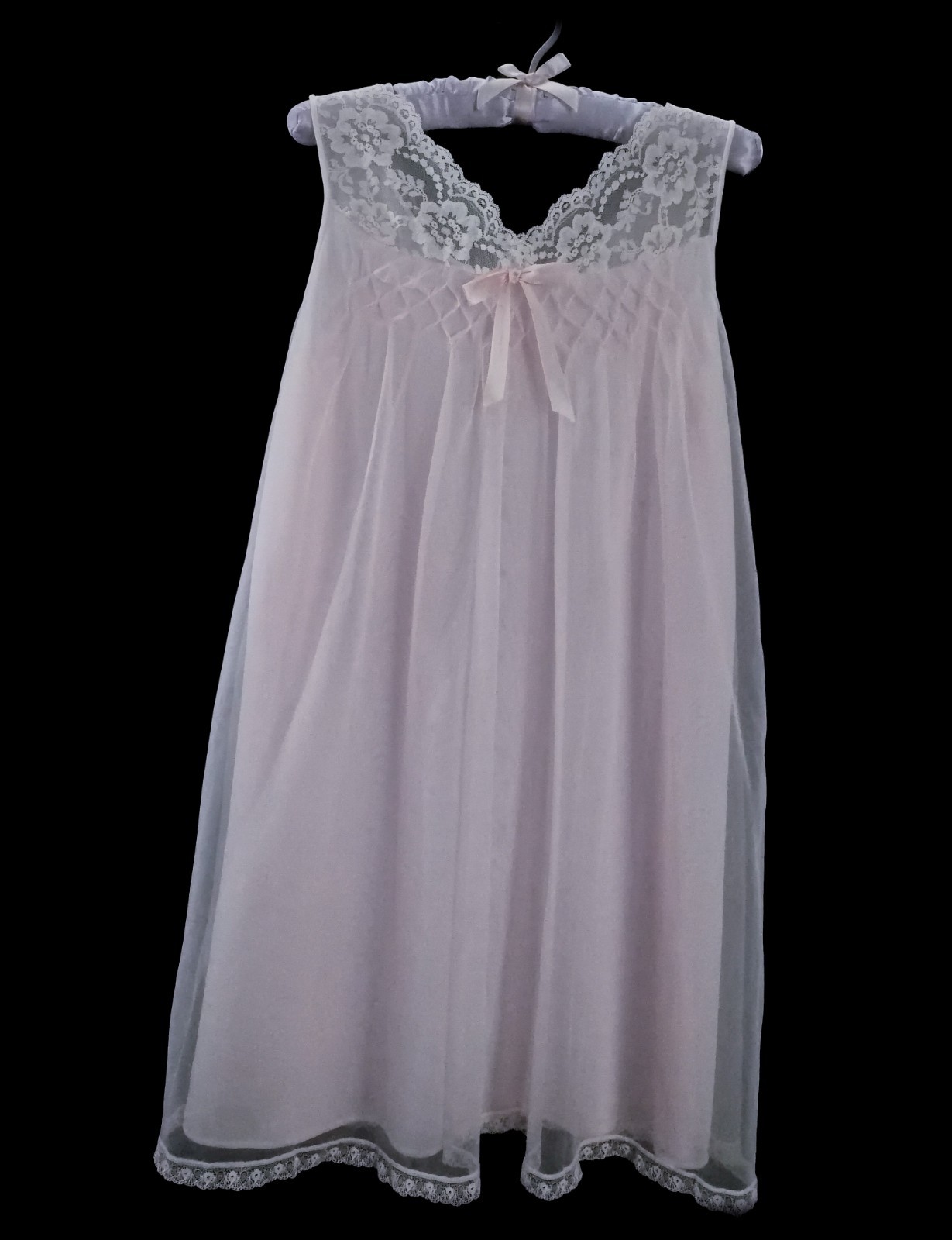 Vintage 2pc PINK Babydoll Nightgown PEIGNOIR Robe Set SHEER Chiffon LACE ~ M/L