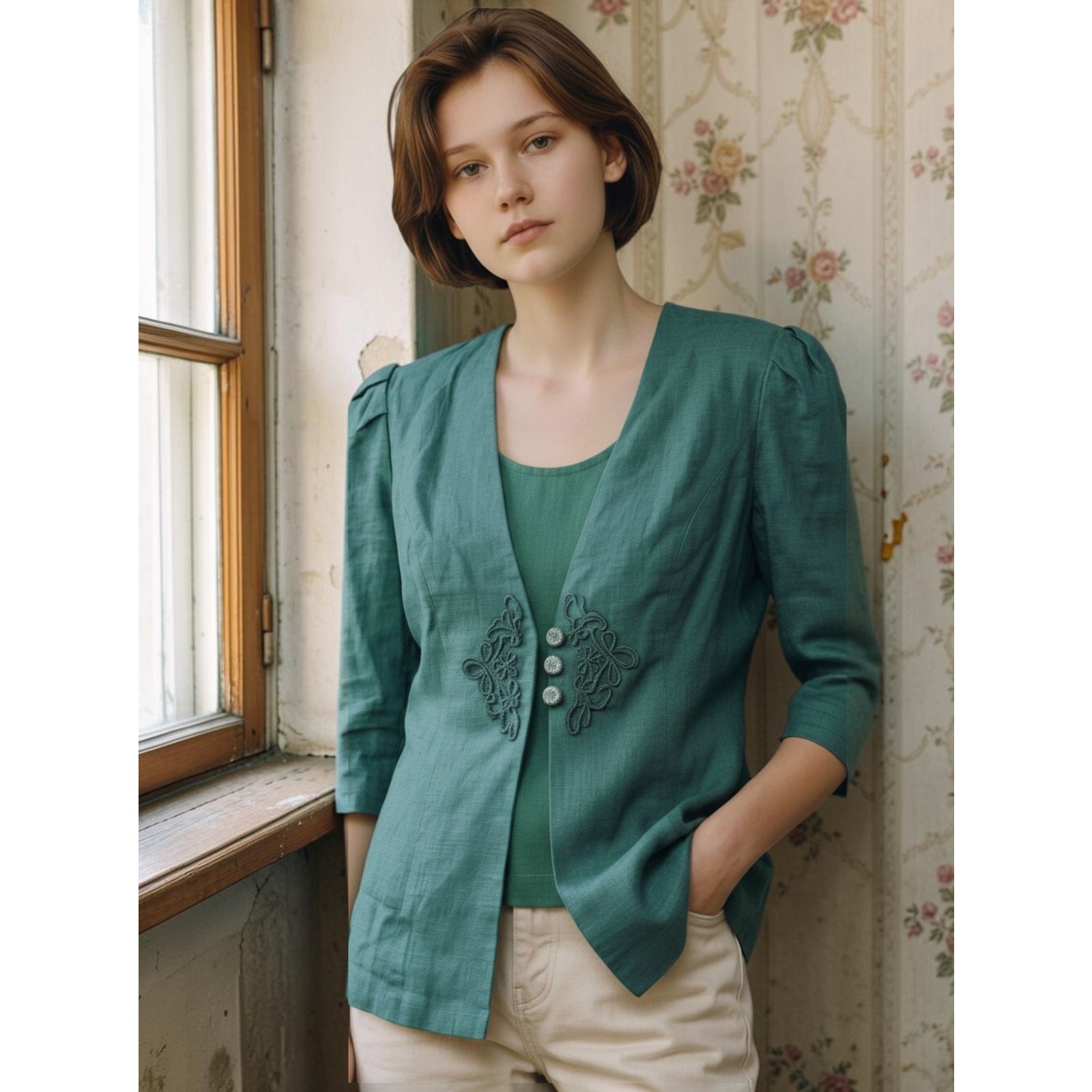 Vintage 80s Michael Blake Emerald Green Blazer Top 12 Whimsygoth Applique